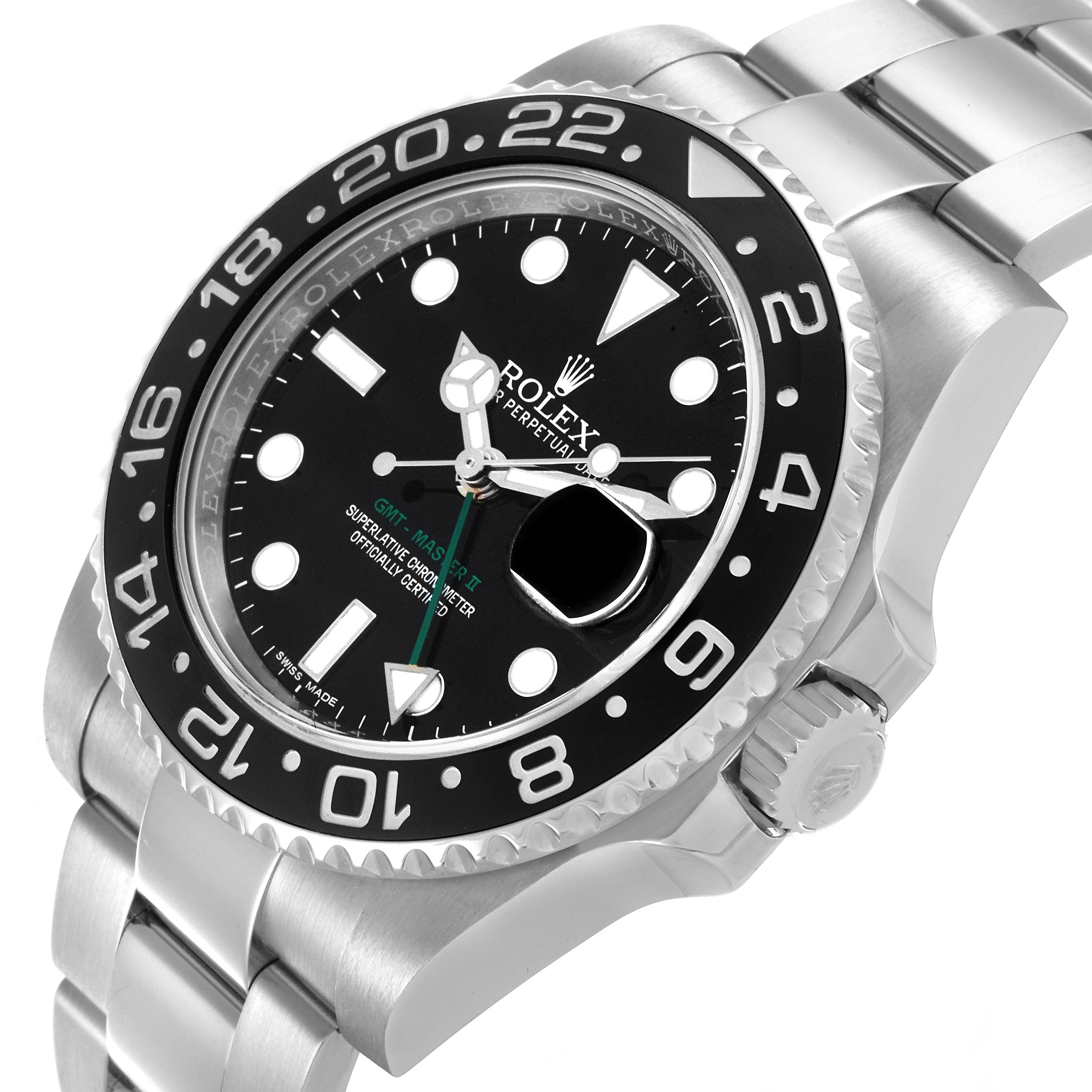 The Rolex GMT-Master 116710 Men
s Stainless Steel Black Dial 116710 Men
s Stainless Steel Black Dial watch is shown at an angled view, highlighting the bezel, dial, crown, and part of the bracelet.