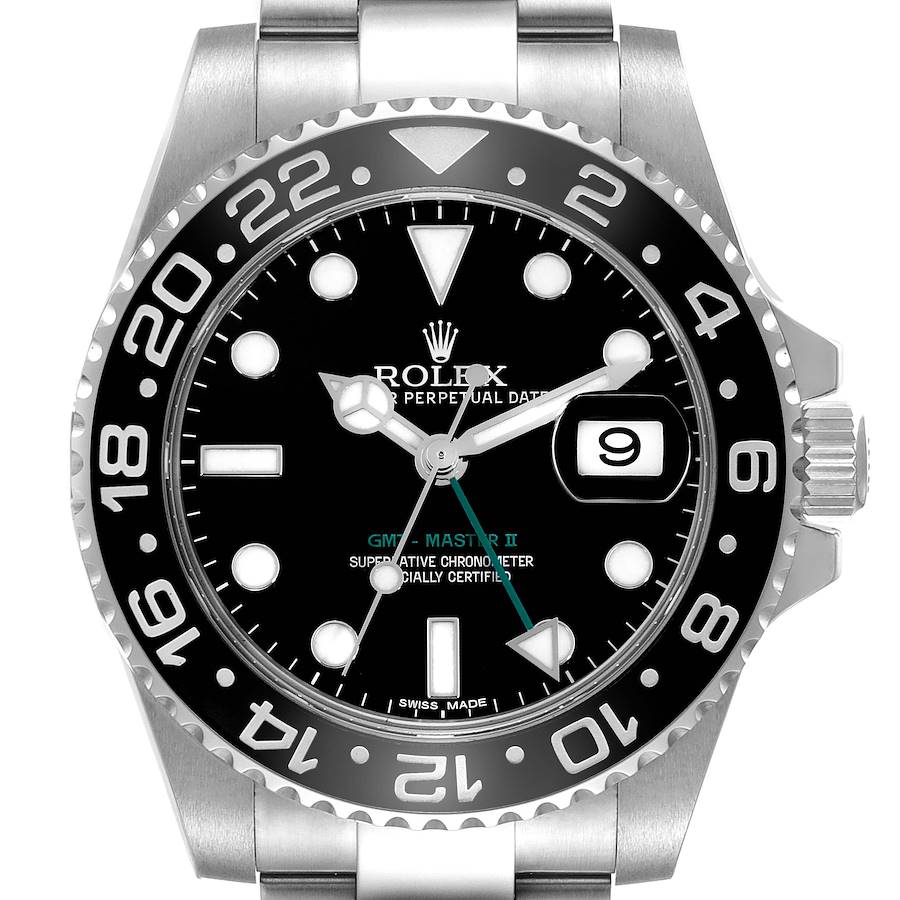 The image shows a front view of the Rolex GMT-Master II, displaying the dial, bezel, and part of the bracelet.