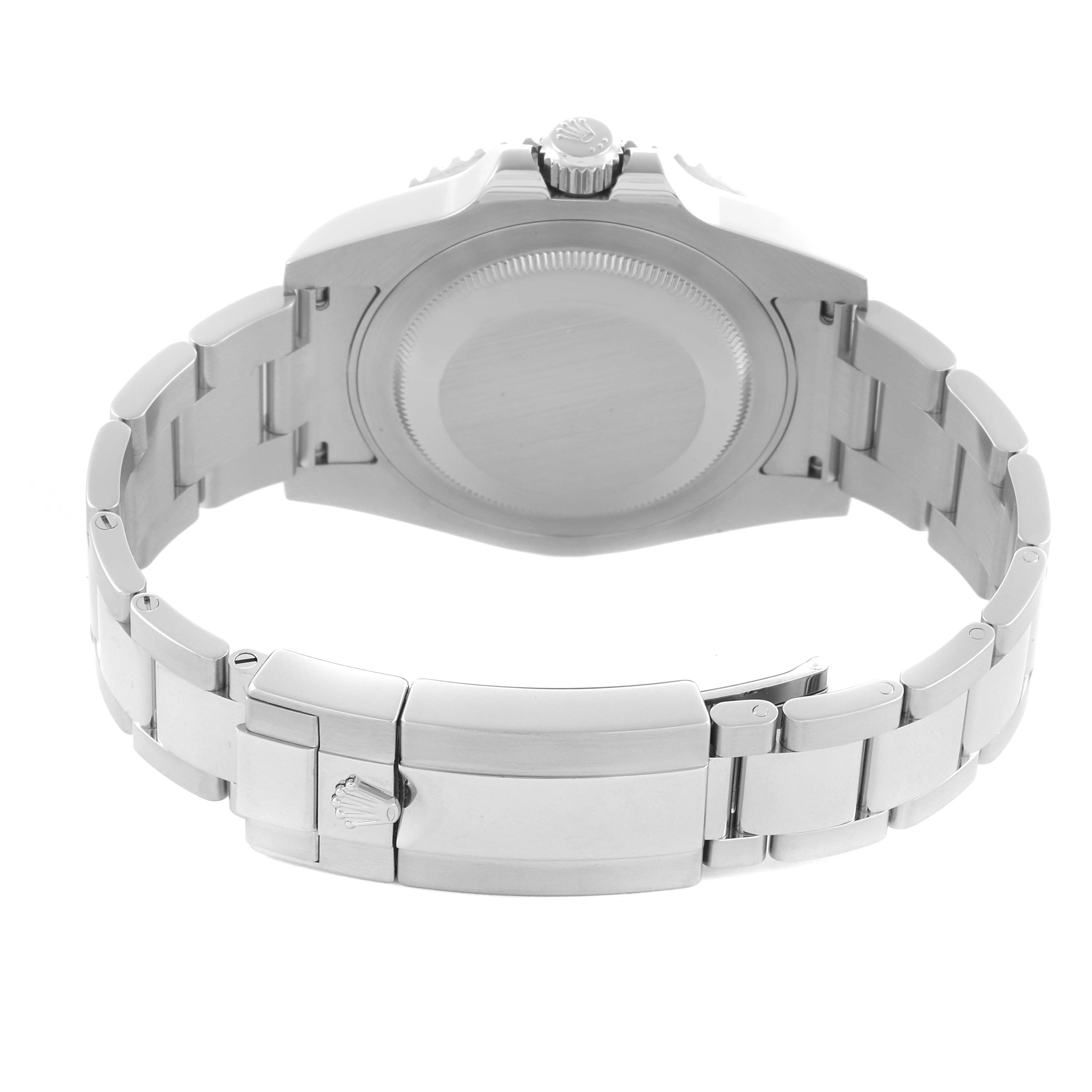 The image shows the back view of a Rolex GMT-Master 116710 Men
s Stainless Steel Black Dial 116710 Men
s Stainless Steel Black Dial, displaying the case back, bracelet, and clasp.