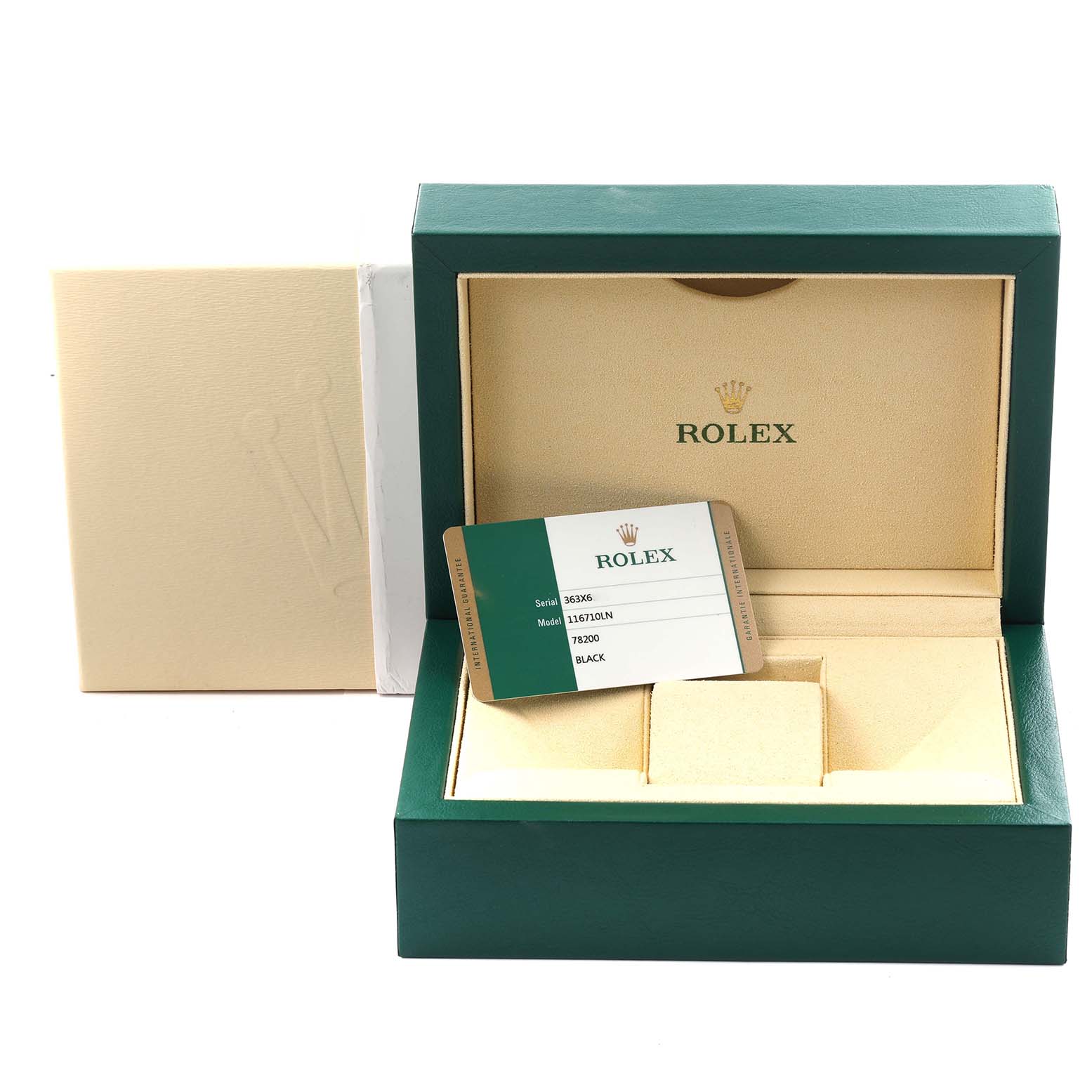 The image shows the open box and warranty card of a Rolex GMT-Master 116710 Men
s Stainless Steel Black Dial 116710 Men
s Stainless Steel Black Dial watch.