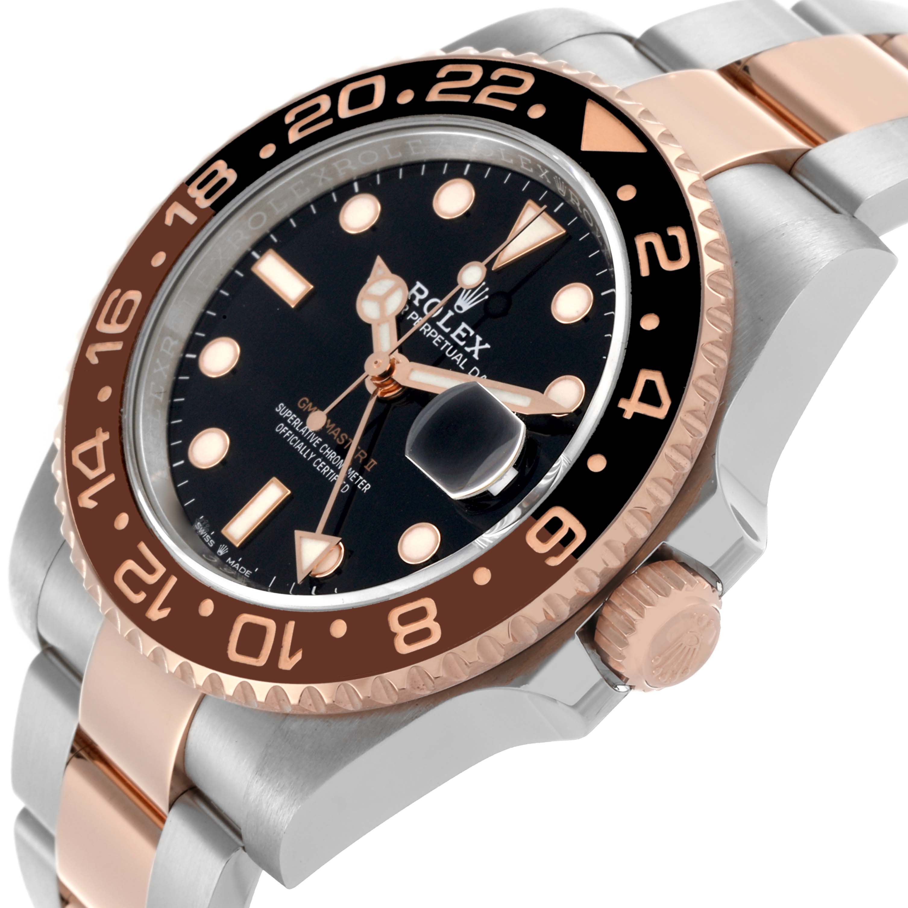 The Rolex GMT-Master 126711 Men's Steel and Gold (two tone) Black Dial 126711 Men's Steel and Gold (two tone) Black Dial watch is shown at an angled close-up, highlighting the bezel, crown, dial, and part of the bracelet.
