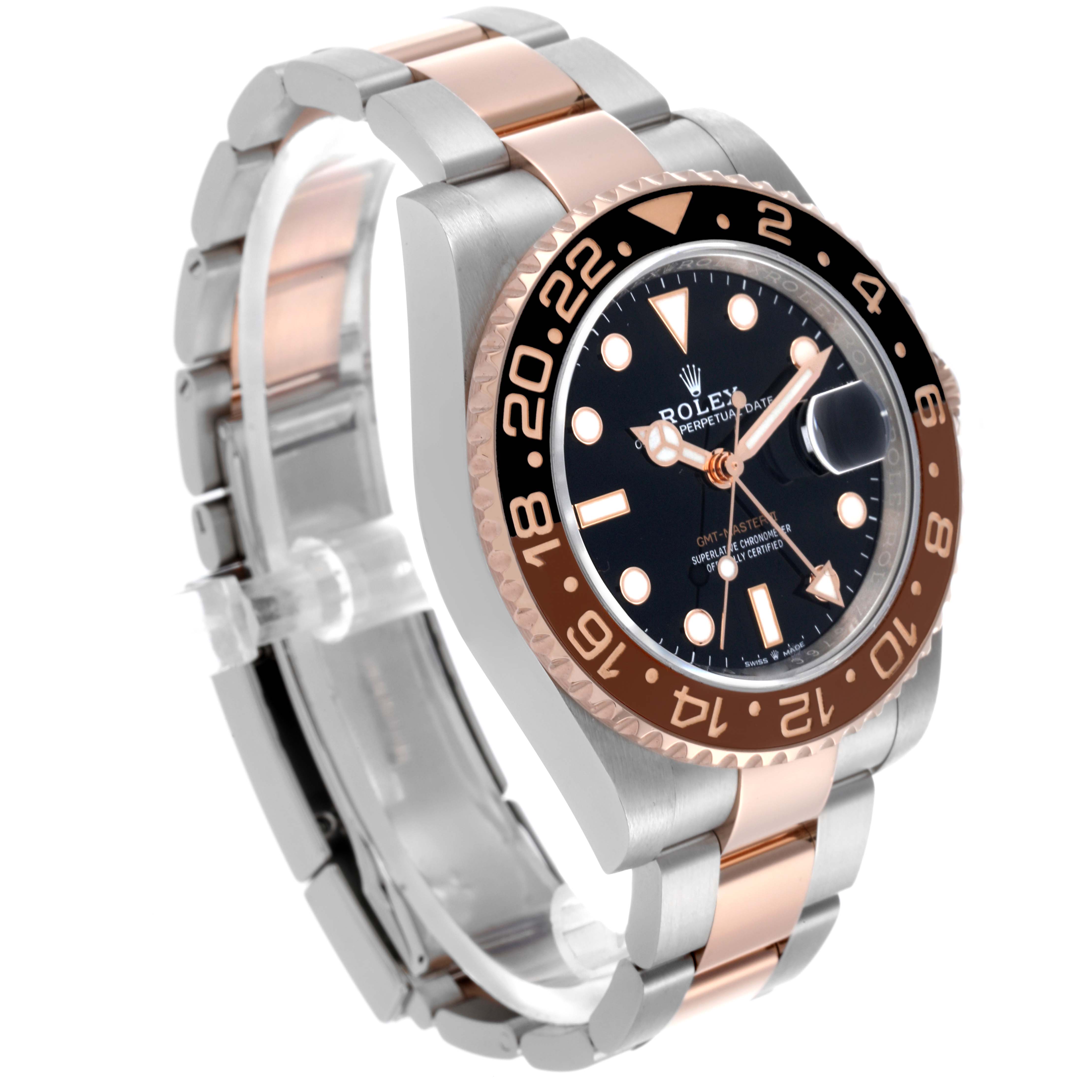 The Rolex GMT-Master 126711 Men's Steel and Gold (two tone) Black Dial 126711 Men's Steel and Gold (two tone) Black Dial watch is shown at a three-quarter angle, highlighting the bezel, dial, bracelet, and clasp.