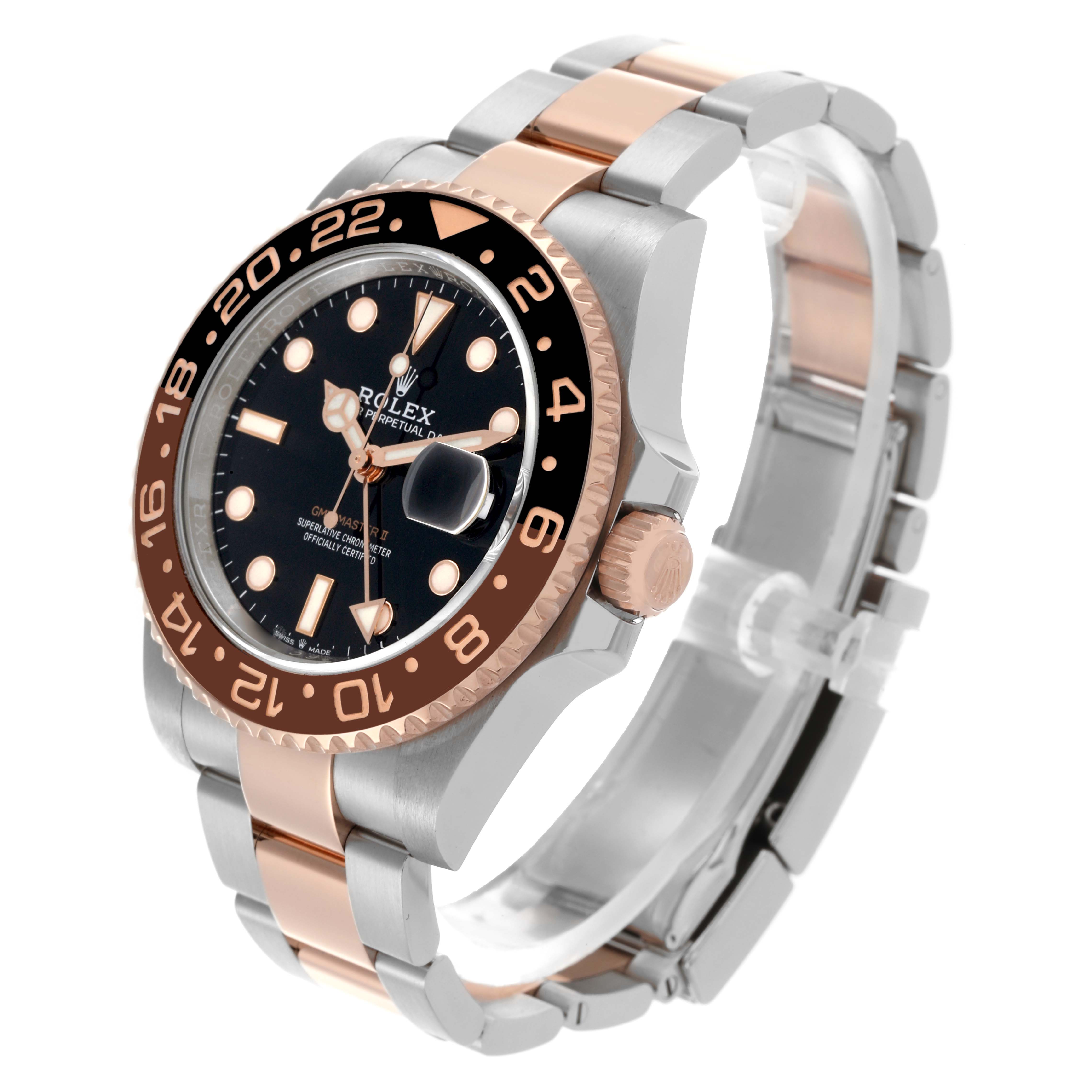 The Rolex GMT-Master 126711 Men's Steel and Gold (two tone) Black Dial 126711 Men's Steel and Gold (two tone) Black Dial watch is shown at a three-quarter angle, highlighting the bezel, dial, crown, and bracelet.