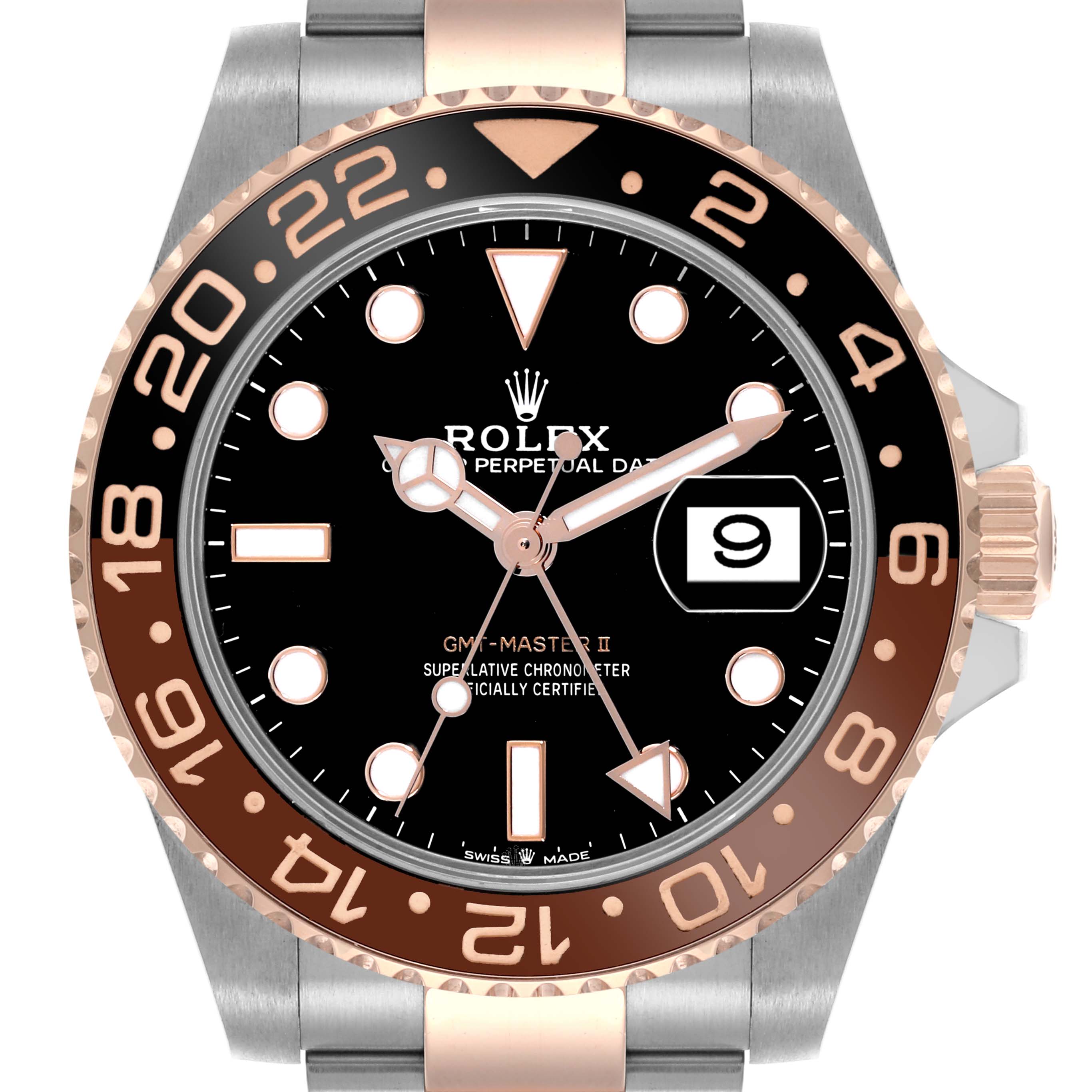 The image shows a frontal view of the Rolex GMT-Master 126711 Men's Steel and Gold (two tone) Black Dial 126711 Men's Steel and Gold (two tone) Black Dial II watch, displaying the dial, markers, bezel, and crown.