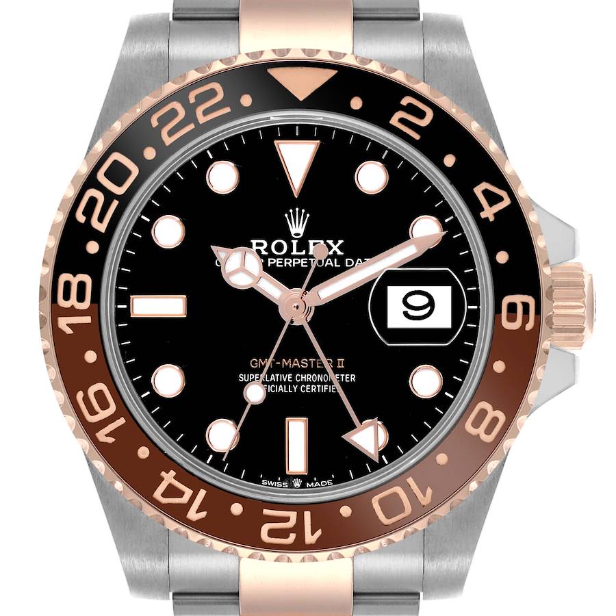 The image shows a frontal view of the Rolex GMT-Master II watch, displaying the dial, markers, bezel, and crown.