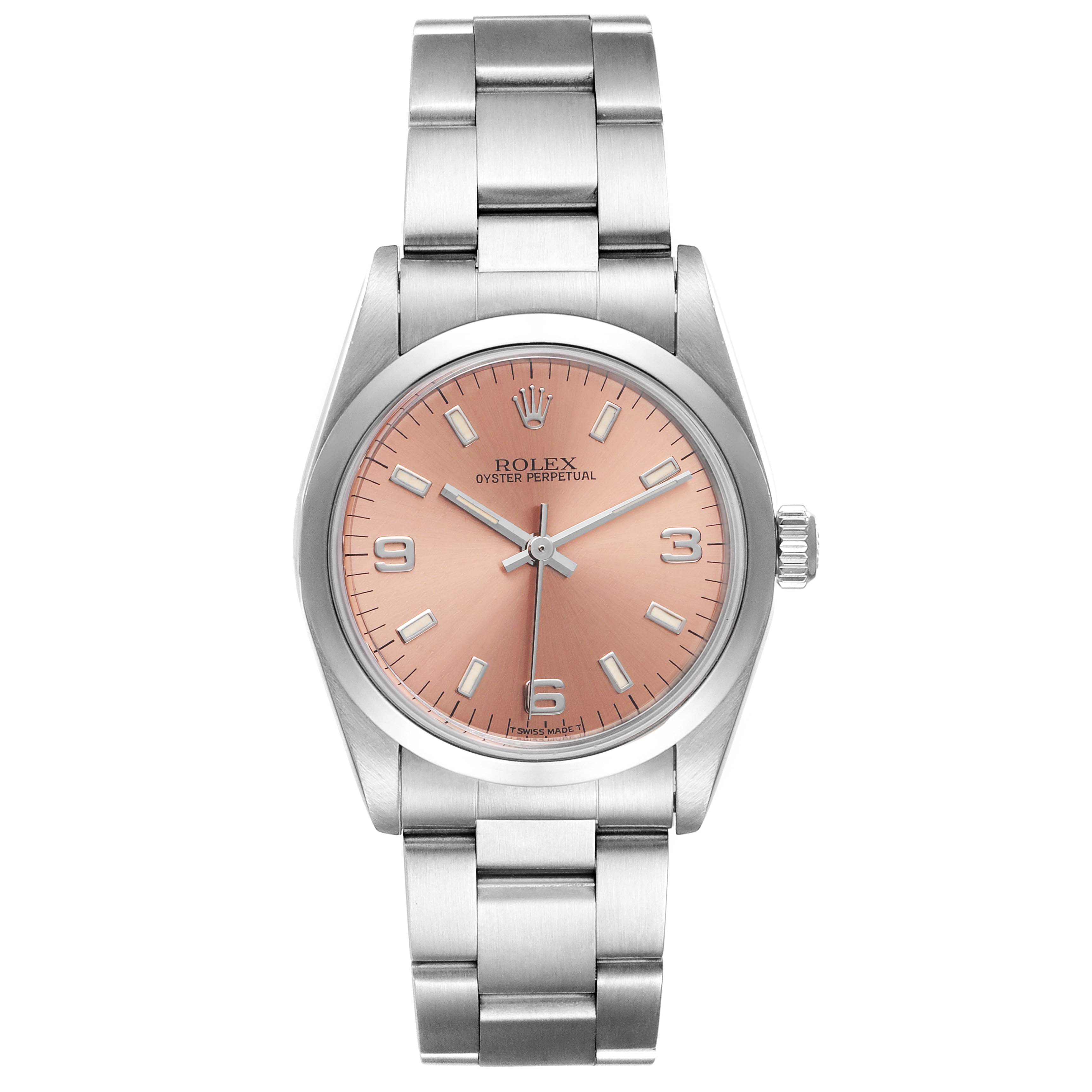The image shows a front view of a Rolex Mid-Size 67480 Women
s Stainless Steel Pink Dial 67480 Women
s Stainless Steel Pink Dial Oyster Perpetual watch with a pink dial and metal bracelet.
