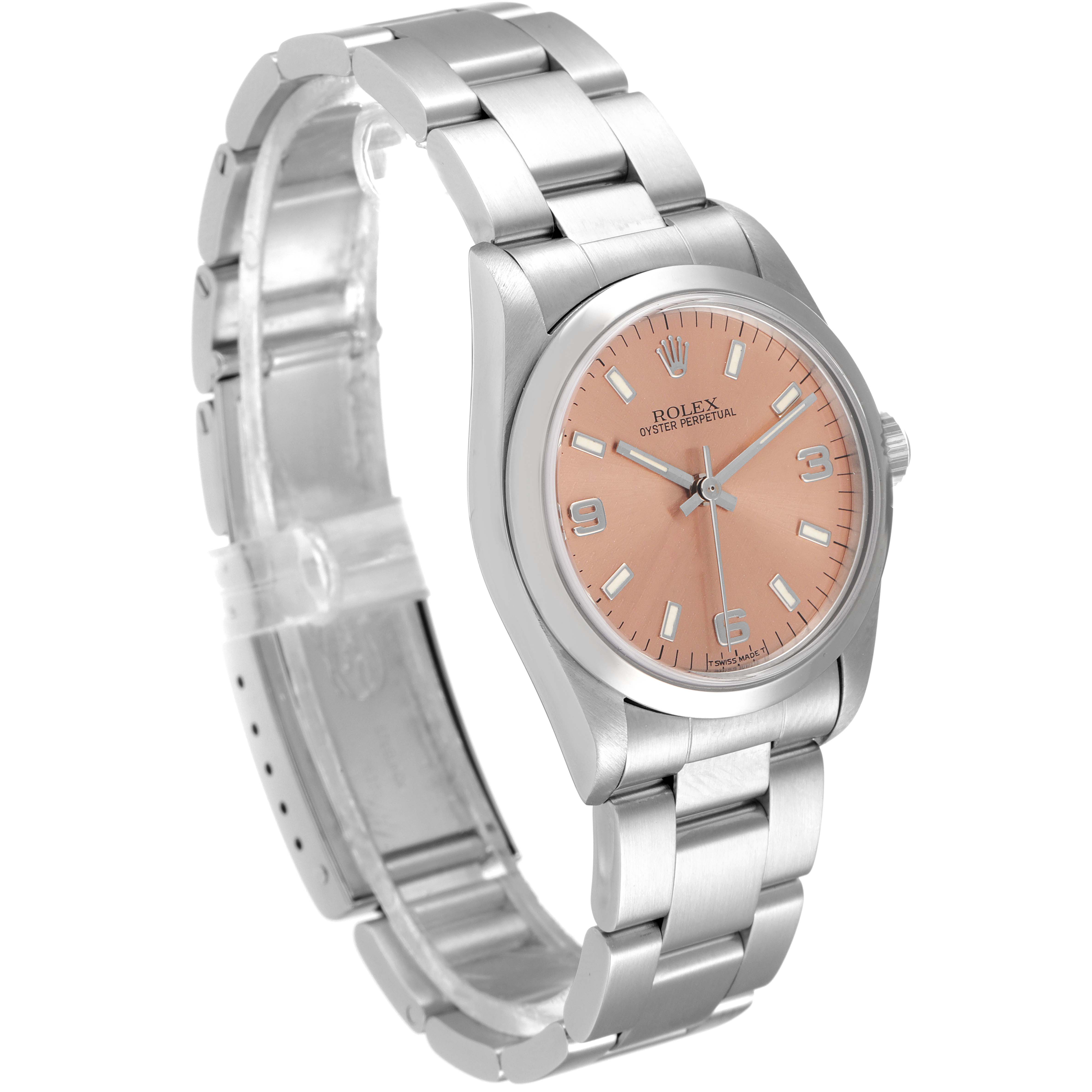 This image shows the front angle of a Rolex Mid-Size 67480 Women
s Stainless Steel Pink Dial 67480 Women
s Stainless Steel Pink Dial Oyster Perpetual watch, highlighting its bracelet and dial.