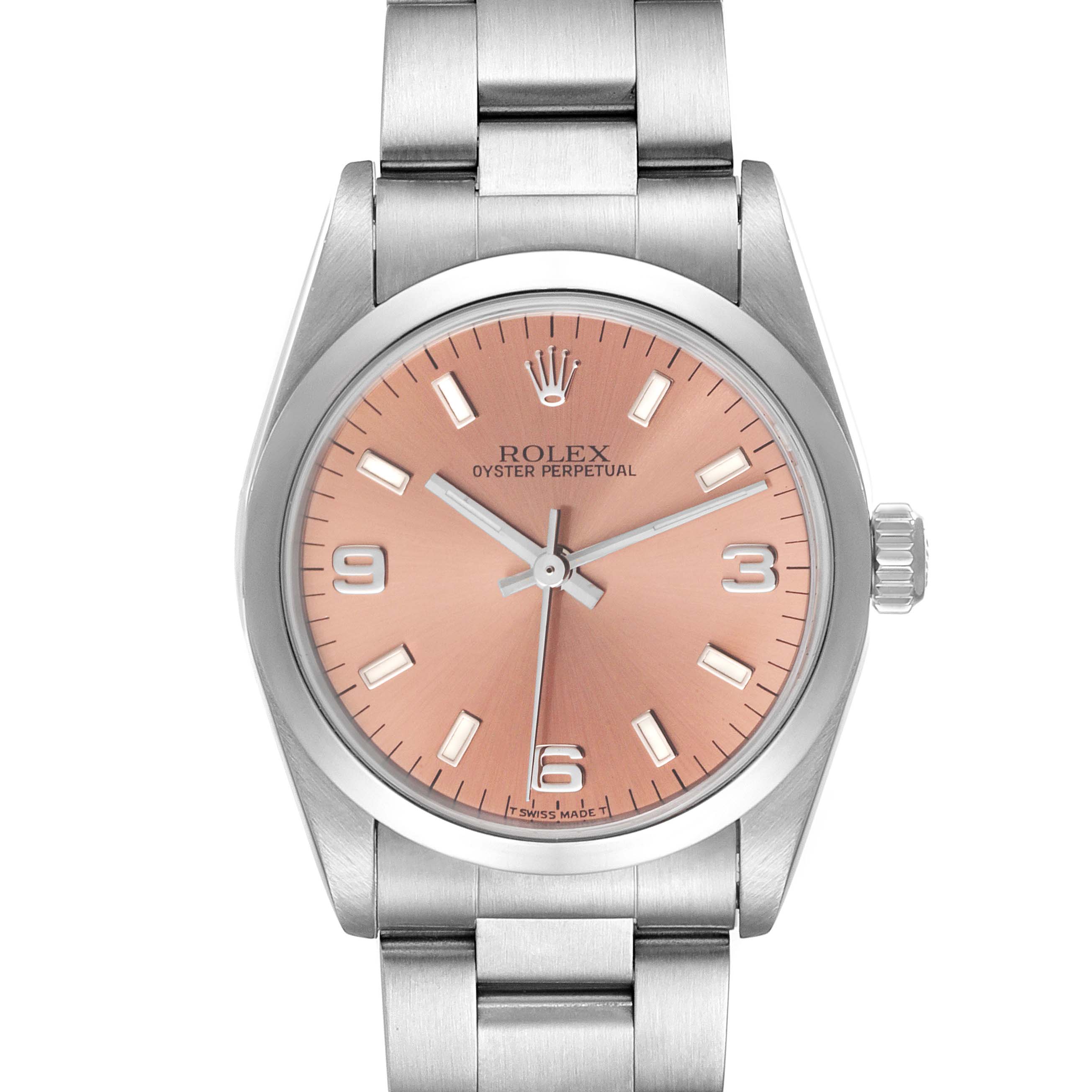 The image shows a front view of a Rolex Oyster Perpetual Mid-Size watch with a pink dial and a silver stainless steel band.