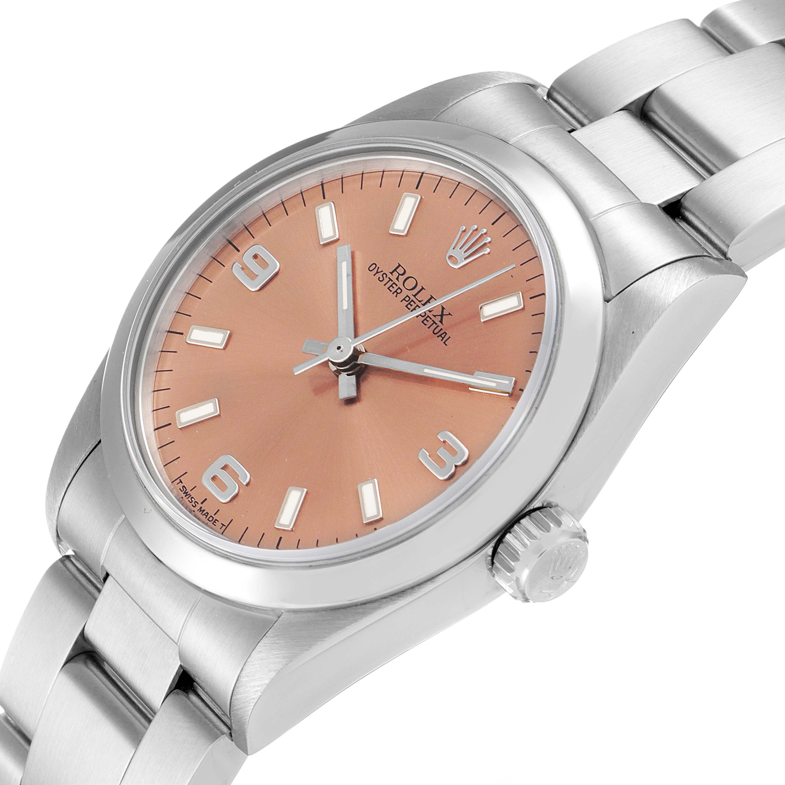 The image shows a side angle of a Rolex Mid-Size 67480 Women's Stainless Steel Pink Dial 67480 Women's Stainless Steel Pink Dial watch, highlighting the salmon dial, bezel, crown, and part of the bracelet.