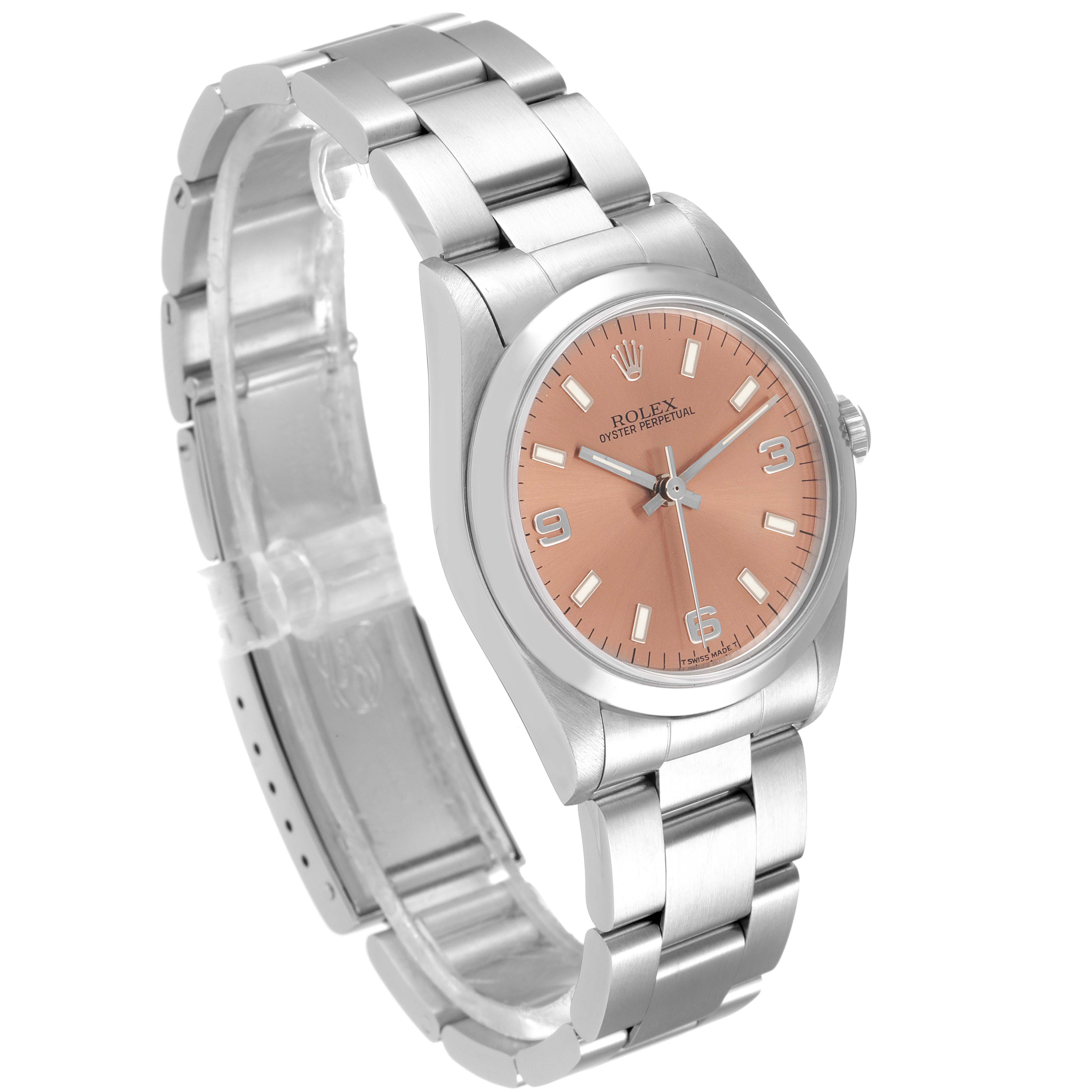 This Rolex Mid-Size 67480 Women's Stainless Steel Pink Dial 67480 Women's Stainless Steel Pink Dial Oyster Perpetual watch is shown at a three-quarter angle, highlighting the dial, case, and bracelet.