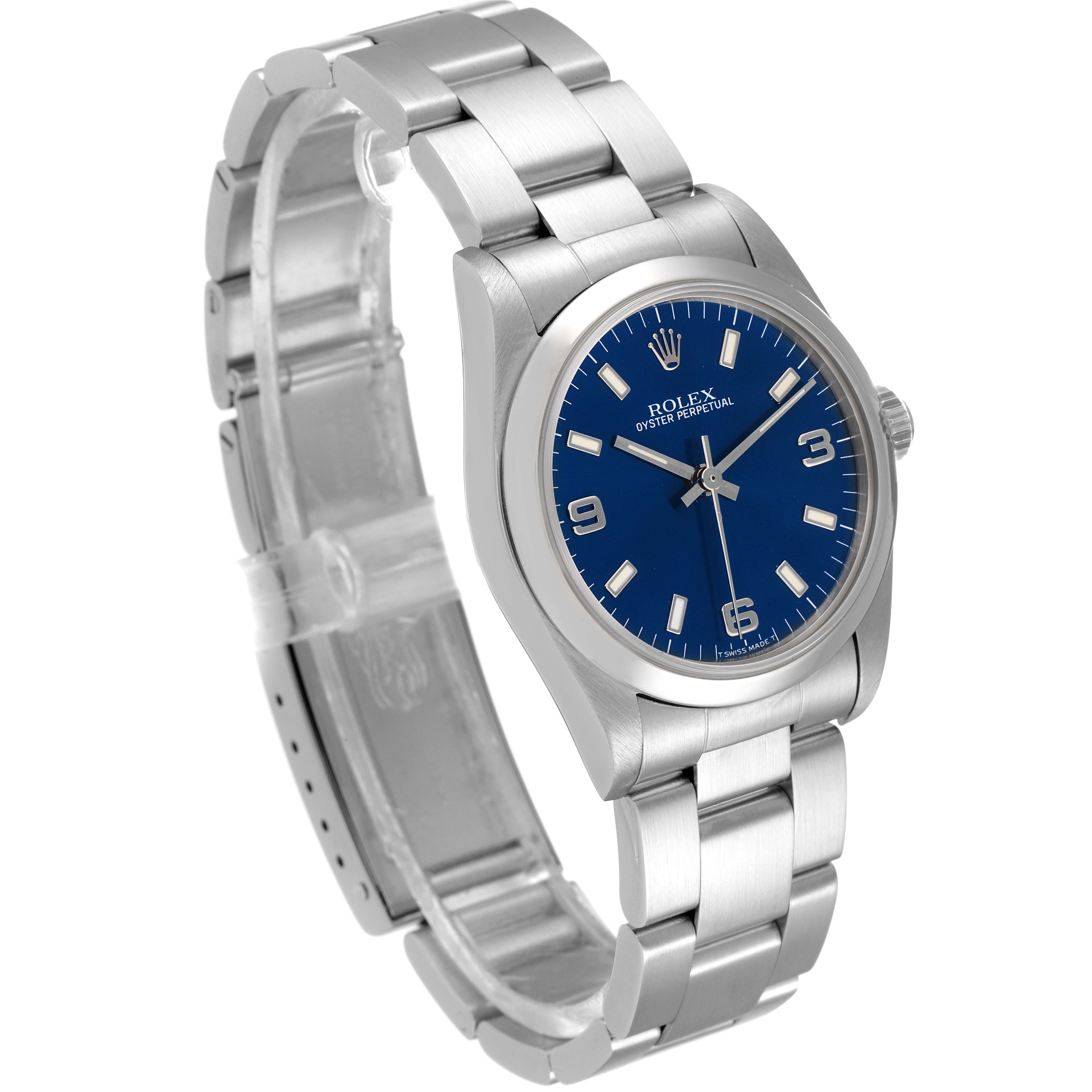 The image shows a Rolex Mid-Size 67480 Women
s Stainless Steel Blue Dial 67480 Women
s Stainless Steel Blue Dial Oyster Perpetual watch at a three-quarter angle, highlighting its blue dial and stainless steel bracelet.