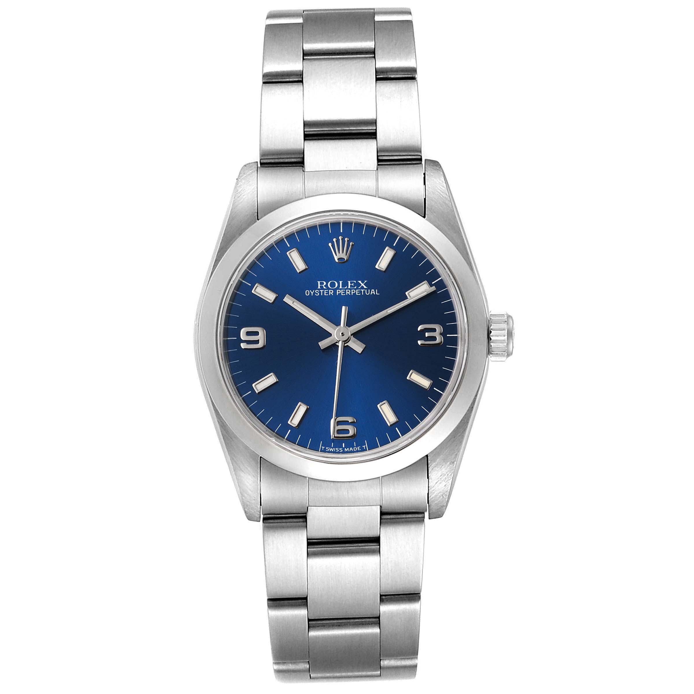 This image shows a front view of a Mid-Size Rolex Oyster Perpetual watch with a blue dial and stainless steel bracelet.