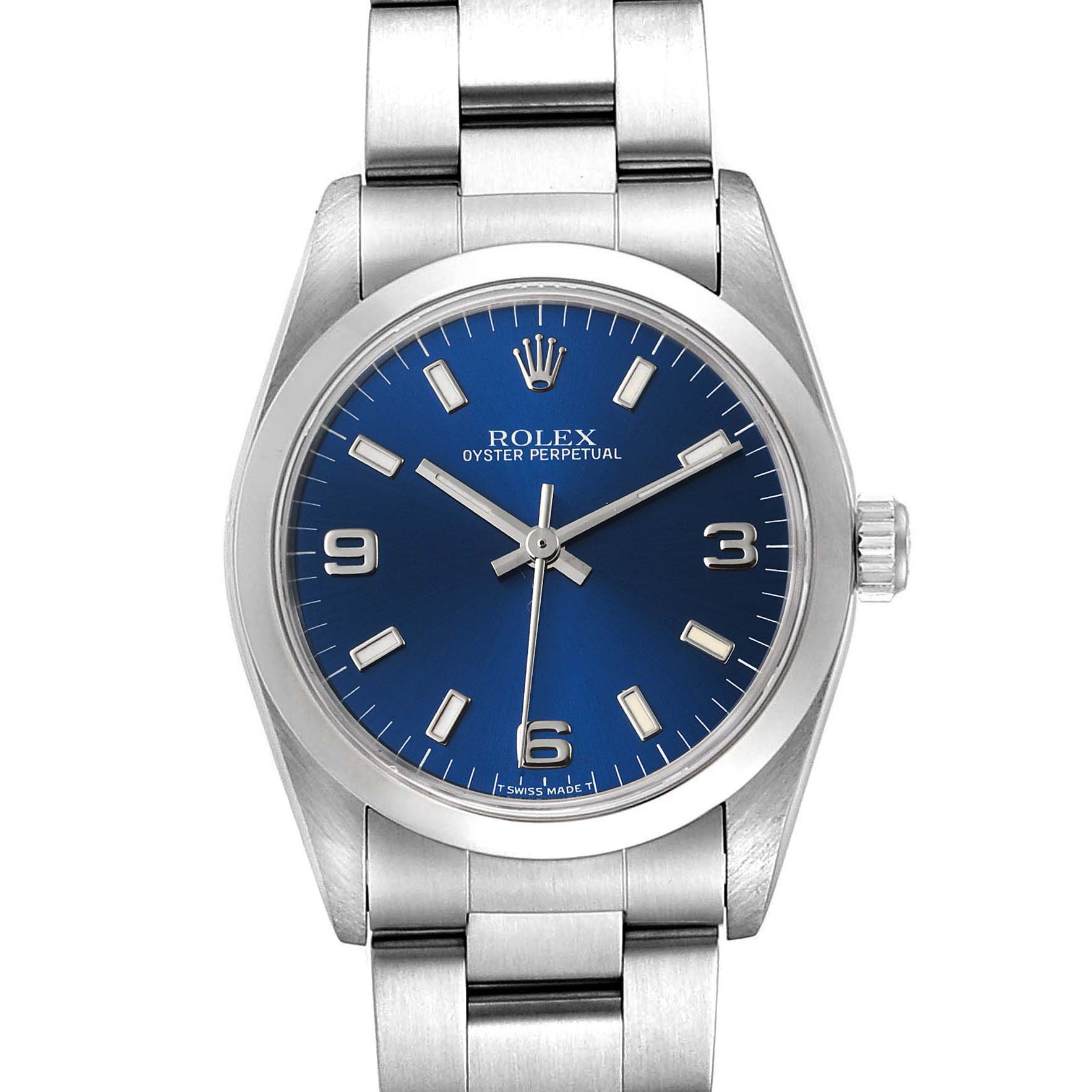 This image shows a front view of the Rolex Oyster Perpetual Mid-Size watch, displaying the face and bracelet.