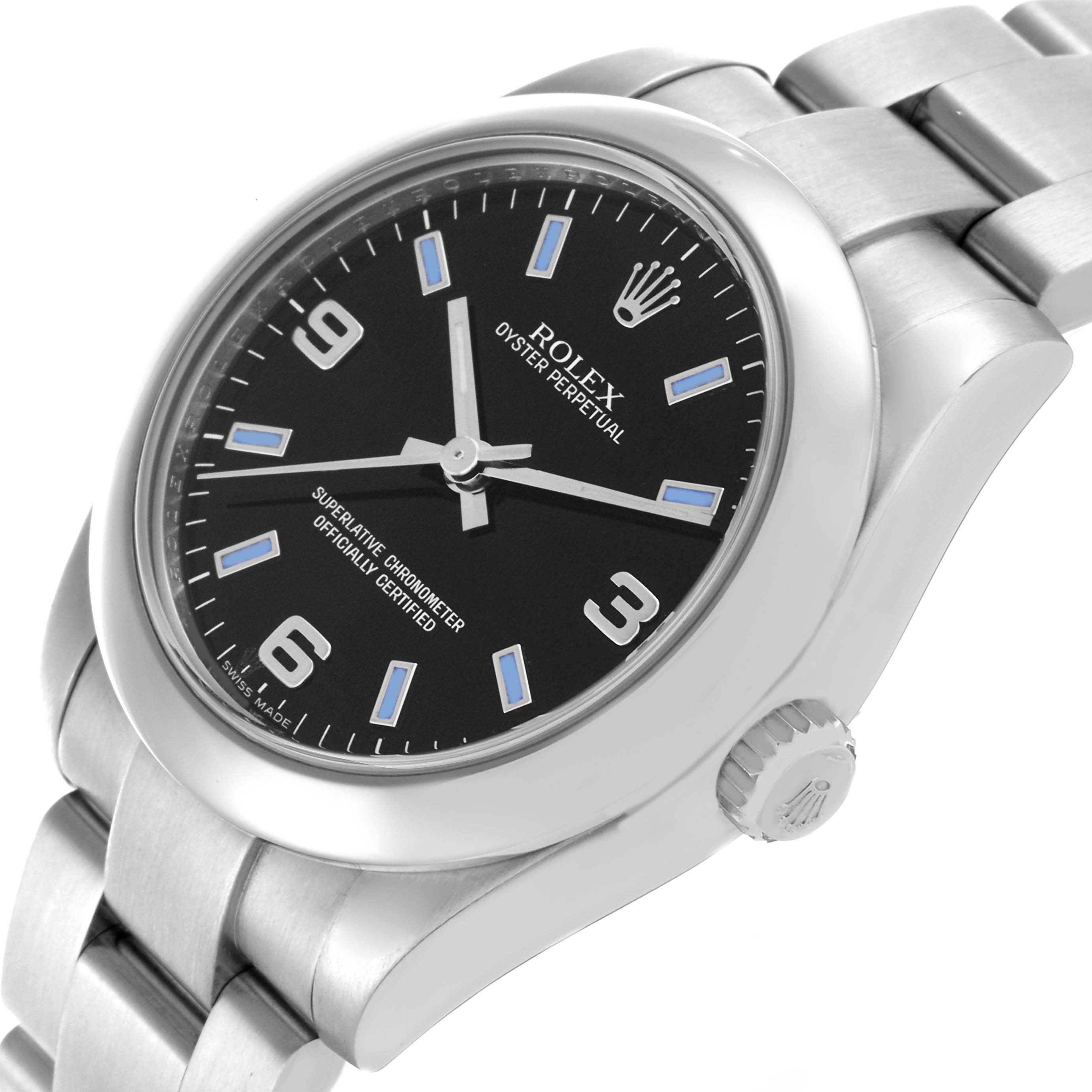 The Rolex Oyster Perpetual Mid-Size watch is shown at an angled view, highlighting the black dial, bezel, and bracelet.