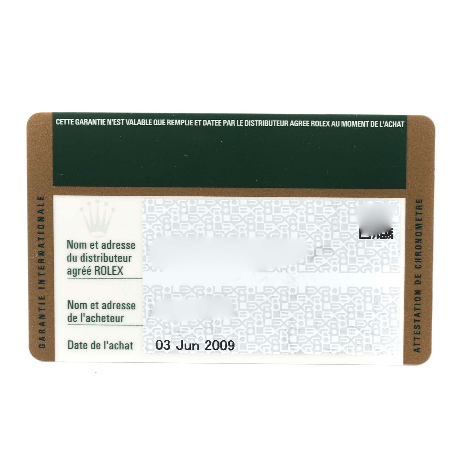 This image shows a Rolex warranty card for a Mid-Size model, including purchase date and dealer information.