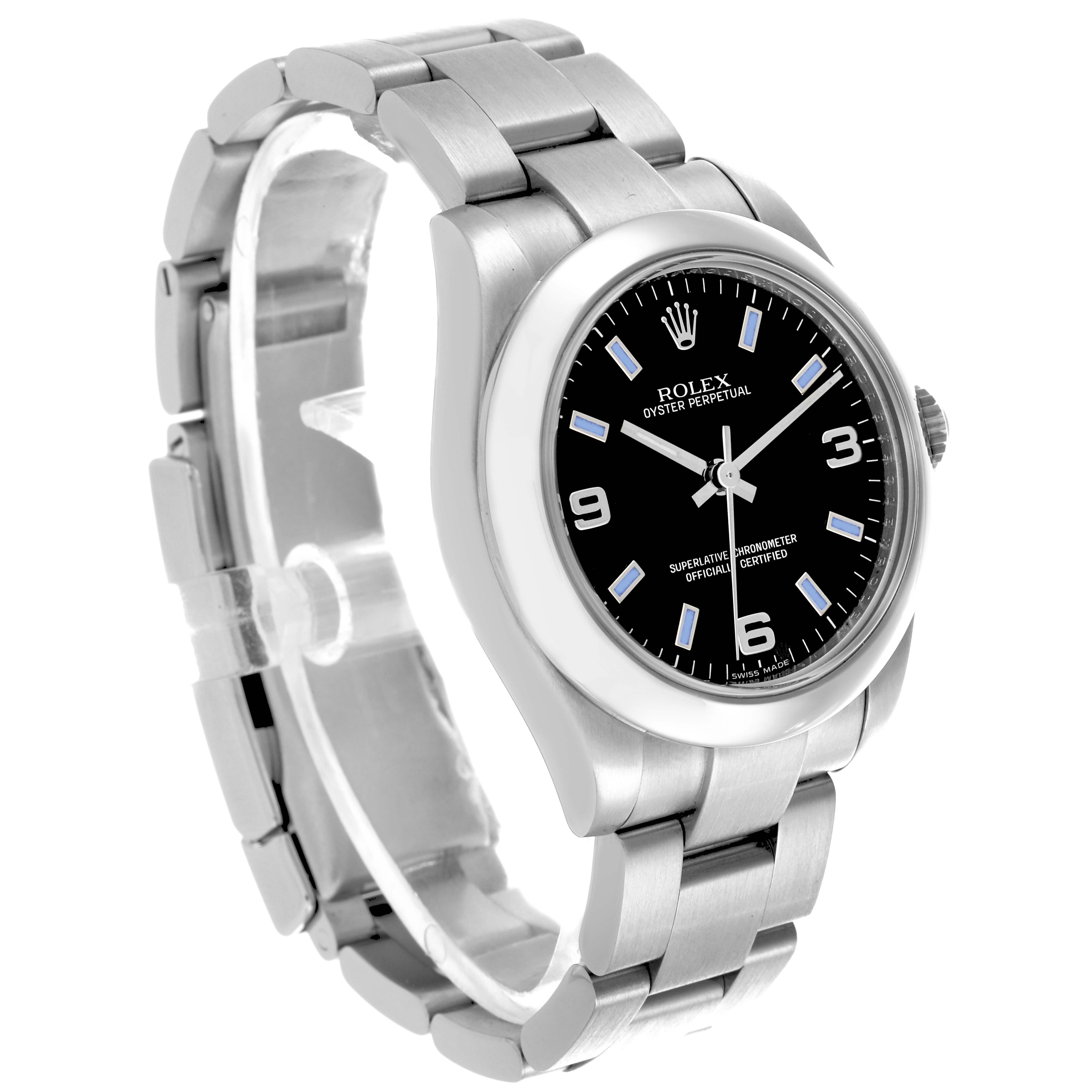 The Rolex watch is shown at an angled side view, featuring its bracelet, bezel, and dial.