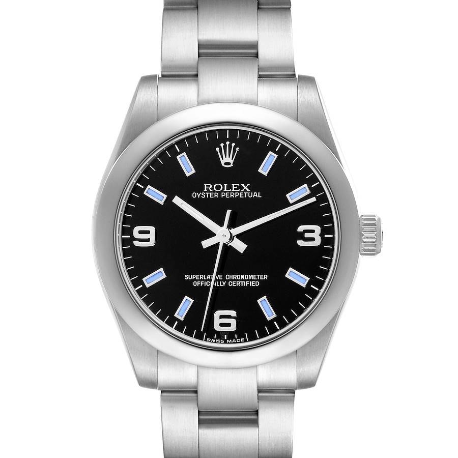 The Rolex Oyster Perpetual mid-size watch is shown from a front angle, displaying the dial, bezel, bracelet, and crown.