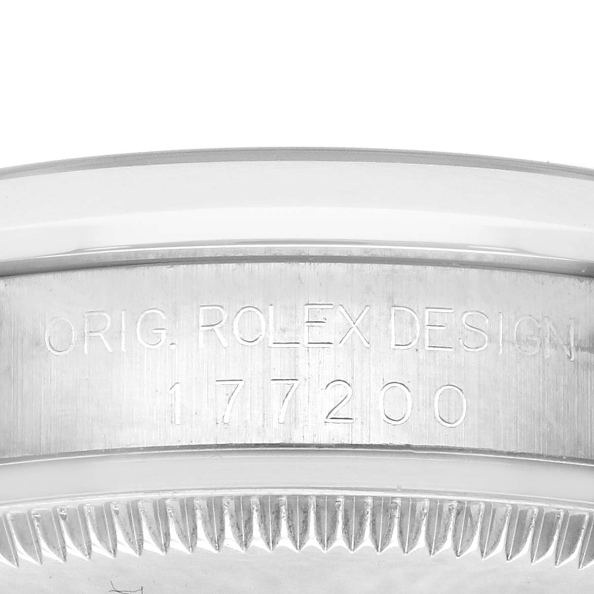 The image shows a close-up of the case side and bezel of a Rolex Mid-Size 177200 Women's Stainless Steel Black Dial 177200 Women's Stainless Steel Black Dial watch, displaying the model number 177200.