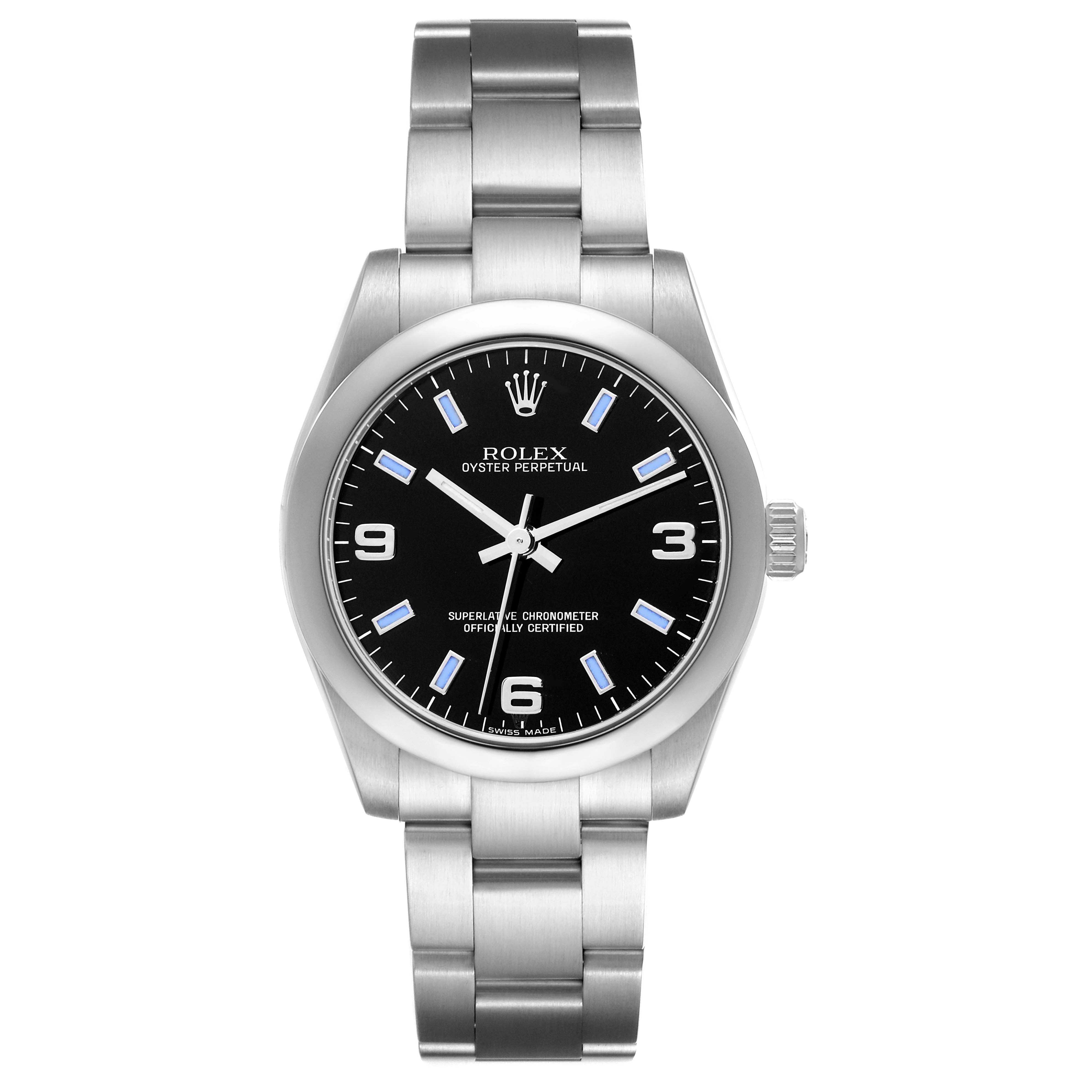 The Rolex Oyster Perpetual Mid-Size watch is shown from a front view, displaying the face, bezel, and bracelet clearly.