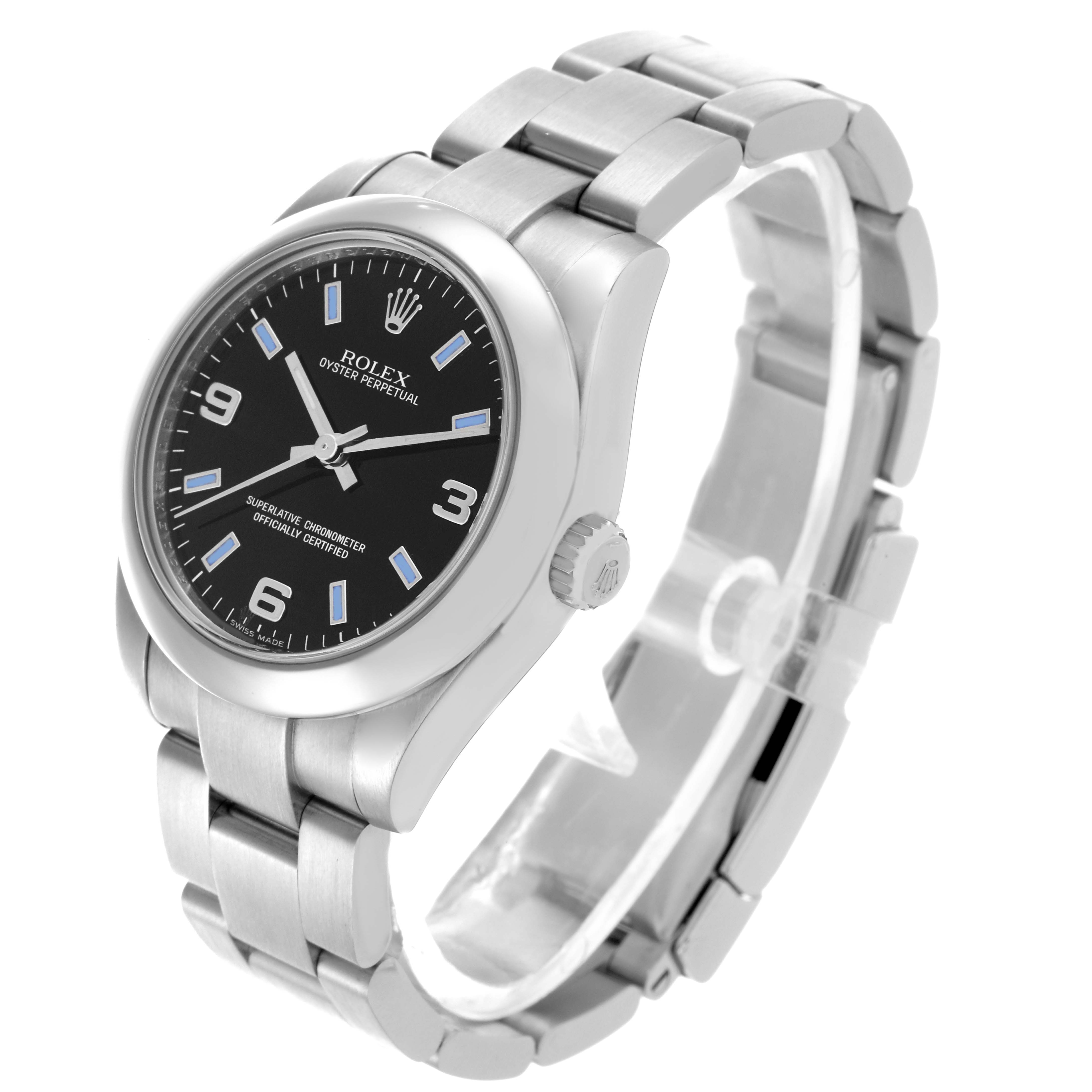 This Rolex Mid-Size 177200 Women's Stainless Steel Black Dial 177200 Women's Stainless Steel Black Dial watch is shown at a three-quarter angle, highlighting the face, bezel, crown, and bracelet.