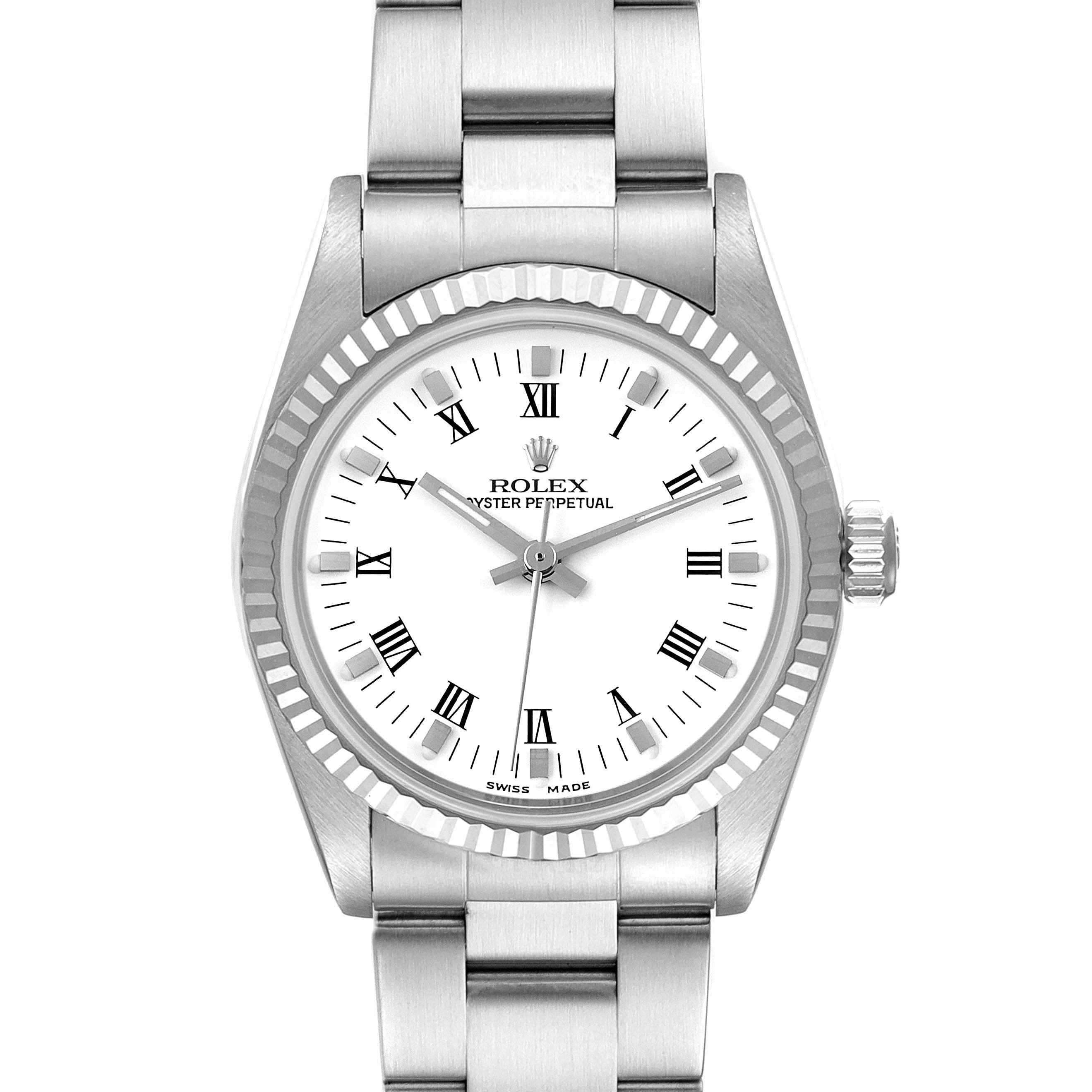 This image shows a front view of a mid-size Rolex Oyster Perpetual watch, featuring a white dial with Roman numeral markers.