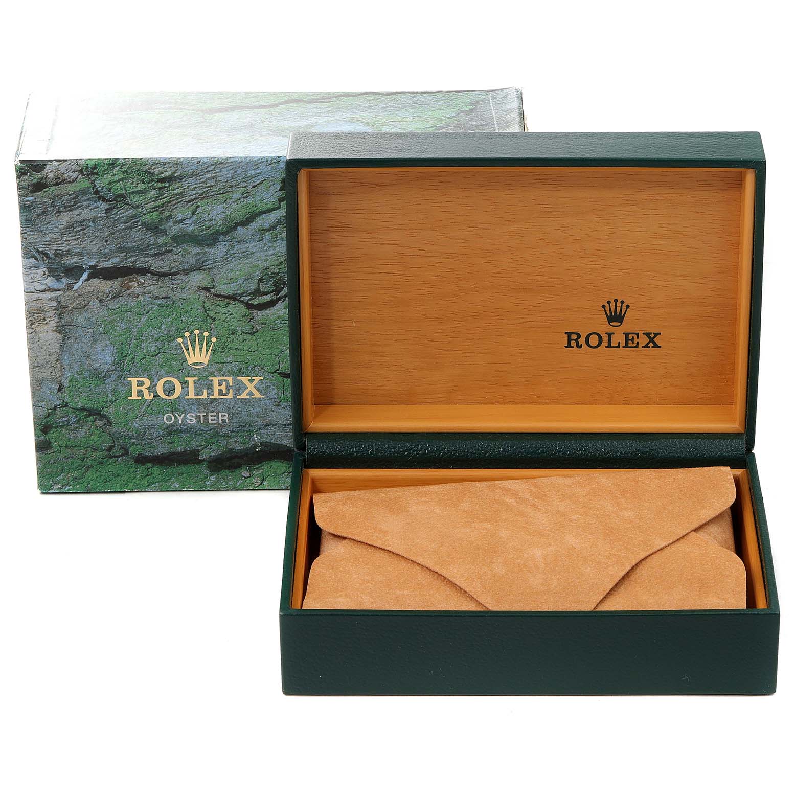 The image shows the packaging of a Rolex Mid-Size 77014 Women
s Stainless Steel White Dial 77014 Women
s Stainless Steel White Dial watch, including an open green box with a beige leather pouch inside.