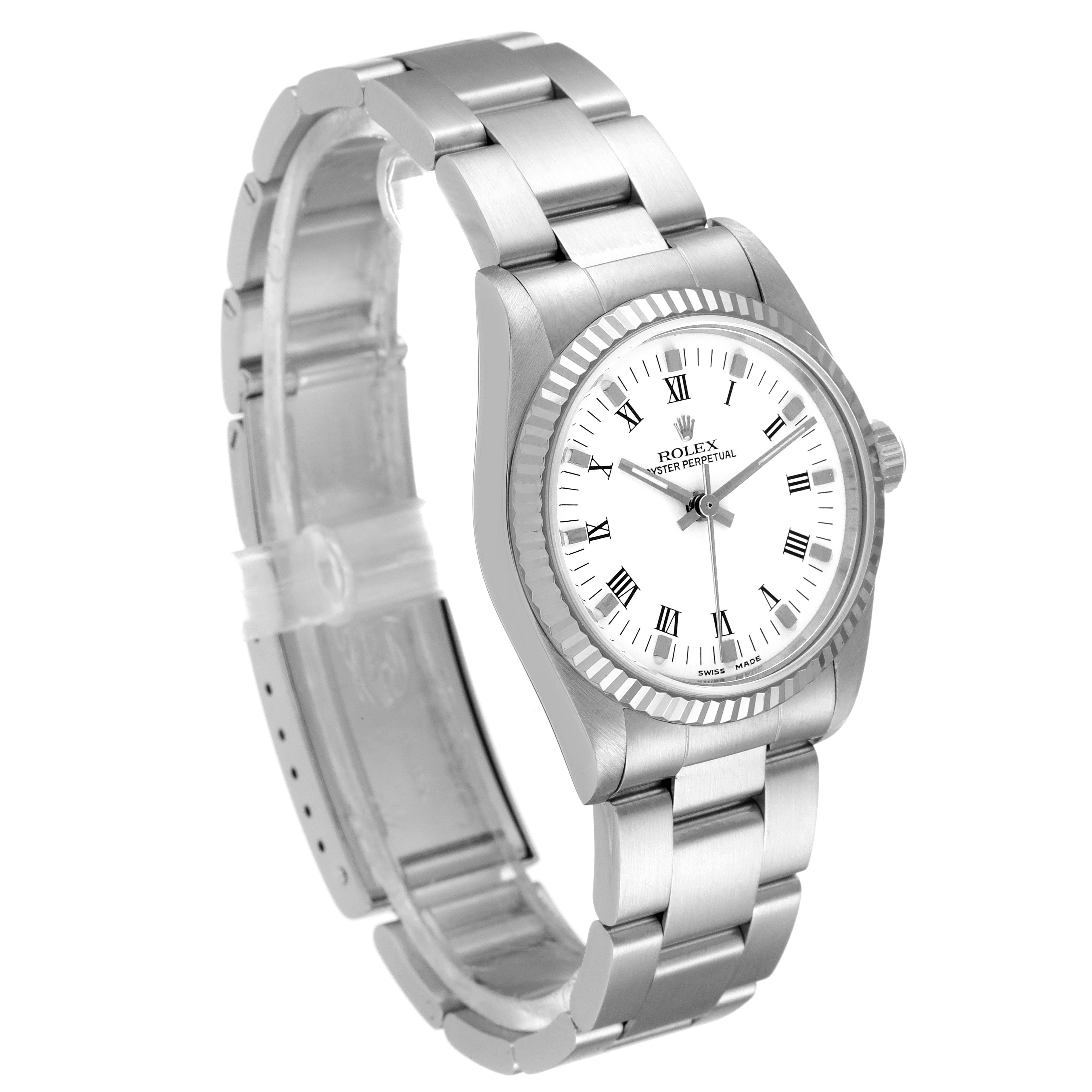 The Rolex Mid-Size 77014 Women
s Stainless Steel White Dial 77014 Women
s Stainless Steel White Dial watch is shown at a three-quarter view, highlighting the face, bezel, and bracelet.