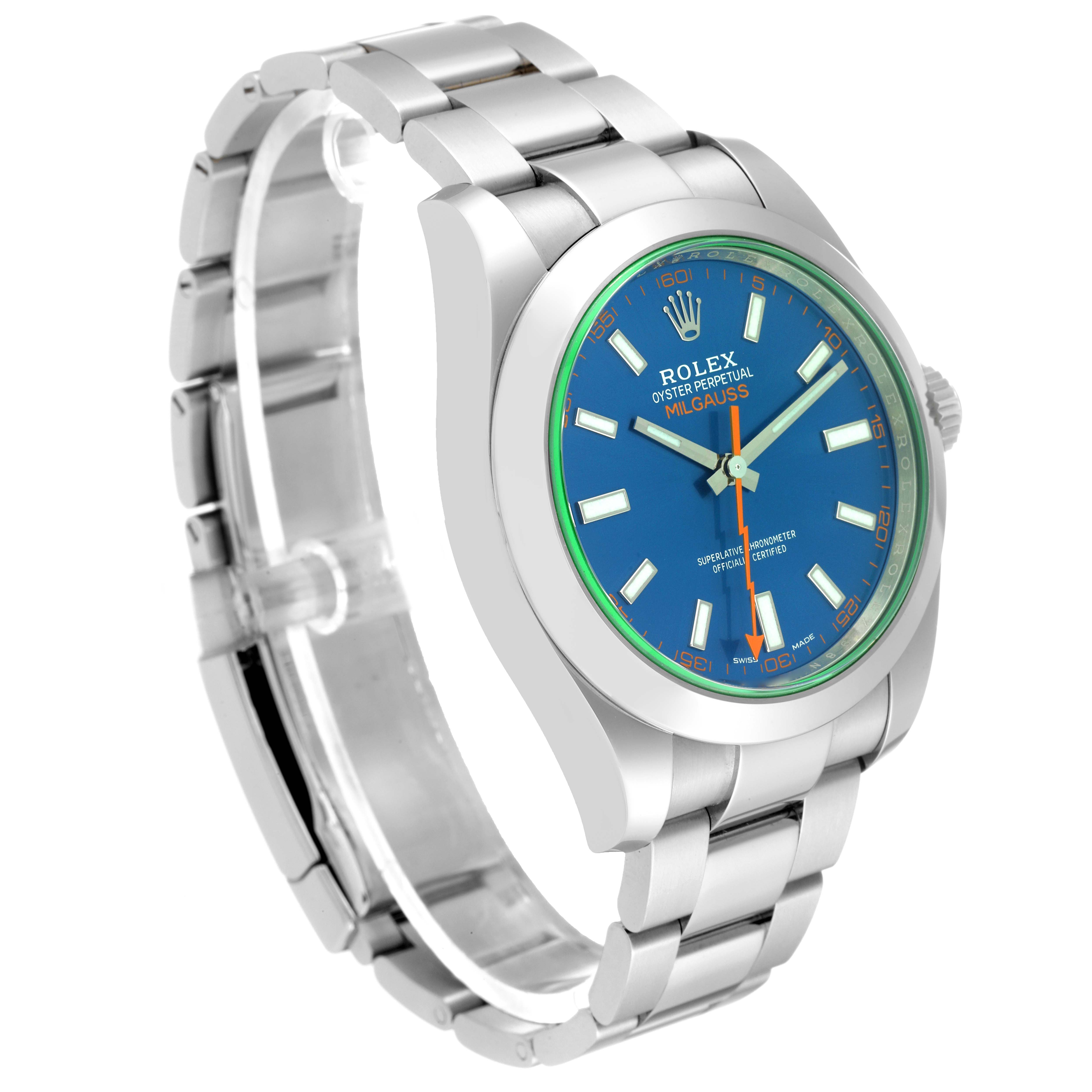 The Rolex Milgauss 116400GV Men's Stainless Steel Blue Dial 116400GV Men's Stainless Steel Blue Dial watch is shown at an angled side view, displaying its blue dial, hour markers, hands, and stainless steel bracelet.