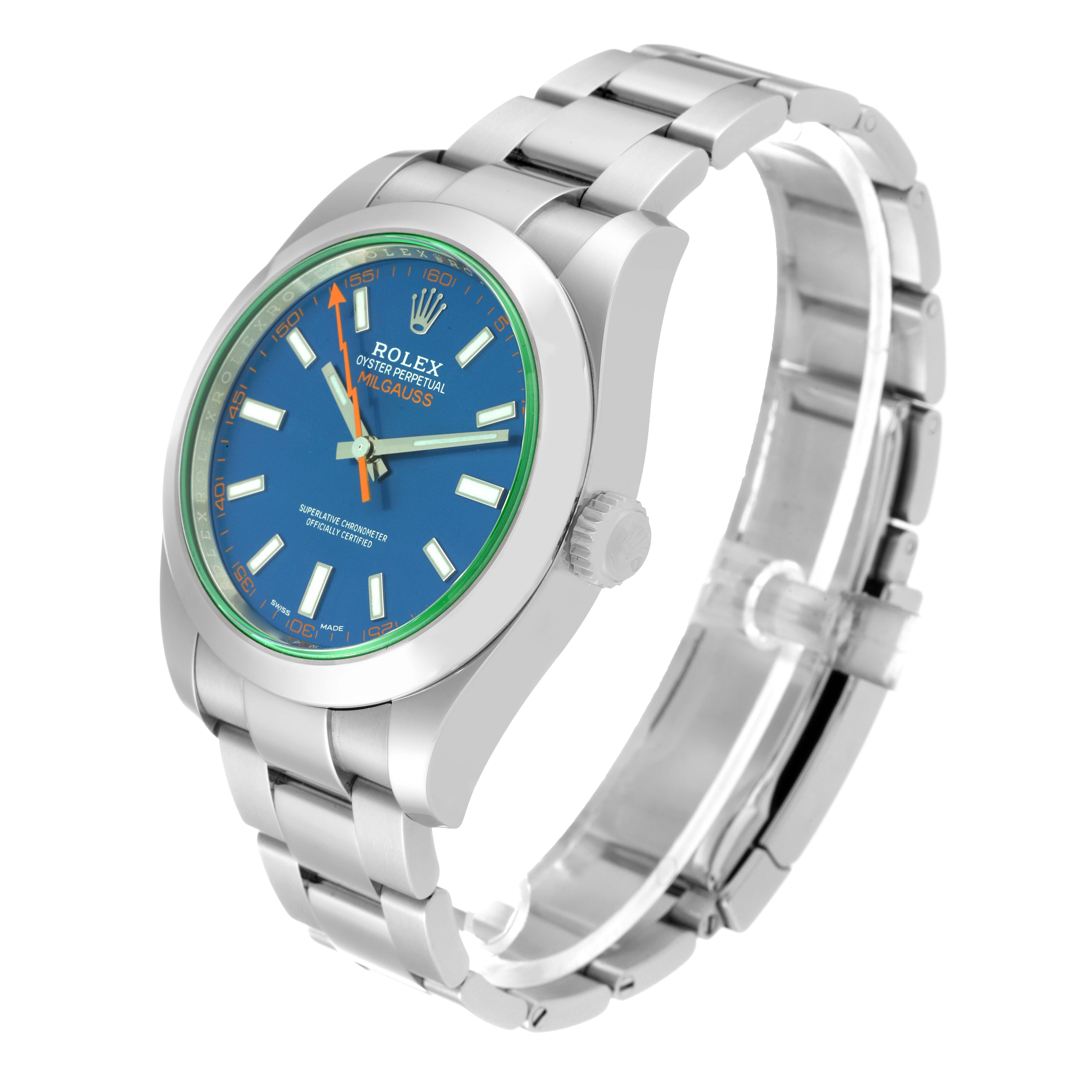 The Rolex Milgauss 116400GV Men's Stainless Steel Blue Dial 116400GV Men's Stainless Steel Blue Dial watch is shown at an angle displaying its face, bezel, crown, and bracelet.