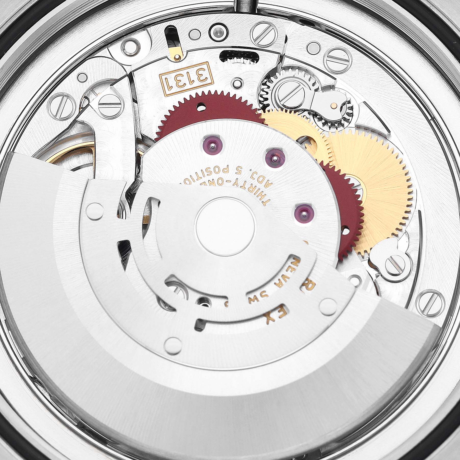 This is a close-up view of the internal mechanism of a Rolex Milgauss 116400GV Men's Stainless Steel Blue Dial 116400GV Men's Stainless Steel Blue Dial watch, showing gears and components from the back.