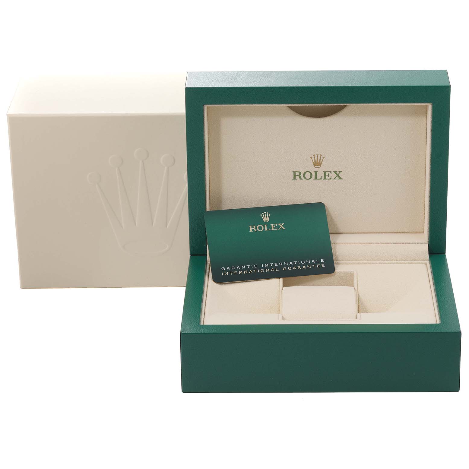 The image shows the Rolex Milgauss 116400GV Men's Stainless Steel Blue Dial 116400GV Men's Stainless Steel Blue Dial watch box, including the inner and outer boxes, and an international guarantee card.