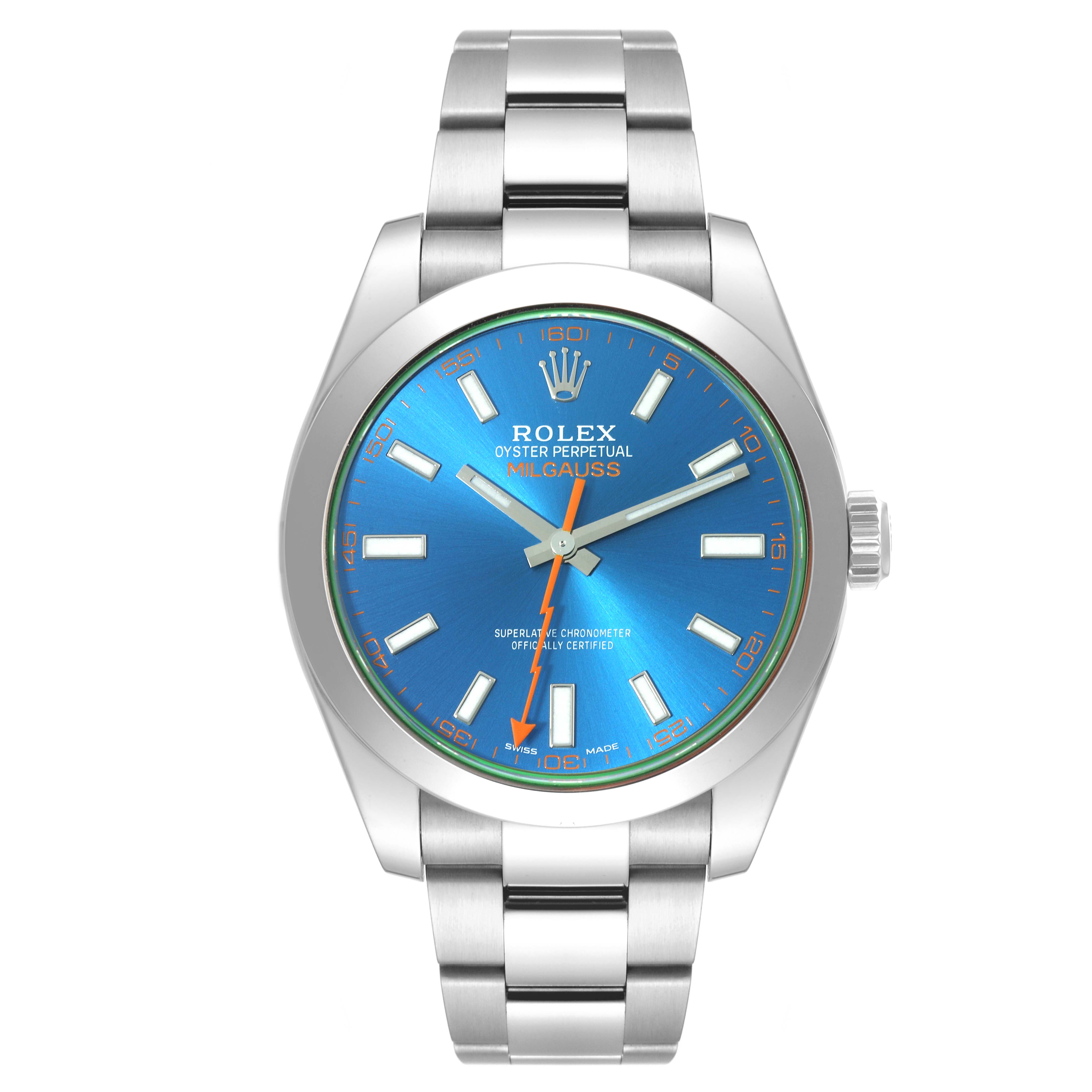 This is a frontal view of a Rolex Milgauss 116400GV Men's Stainless Steel Blue Dial 116400GV Men's Stainless Steel Blue Dial watch showing the face, hands, markers, and a portion of the bracelet.