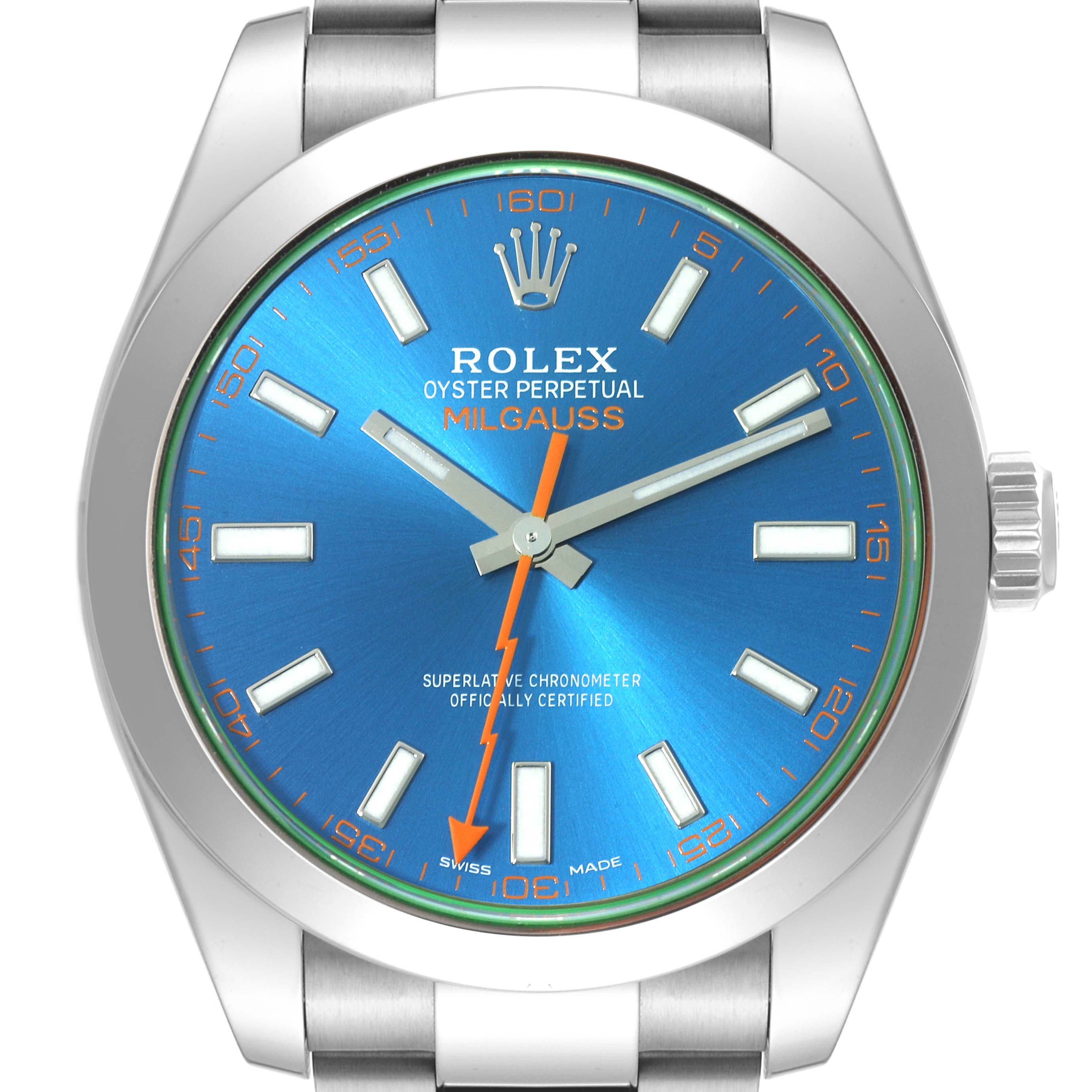 This image shows the front view of a Rolex Milgauss 116400GV Men's Stainless Steel Blue Dial 116400GV Men's Stainless Steel Blue Dial watch, highlighting its blue dial, orange lightning bolt second hand, and stainless steel case.
