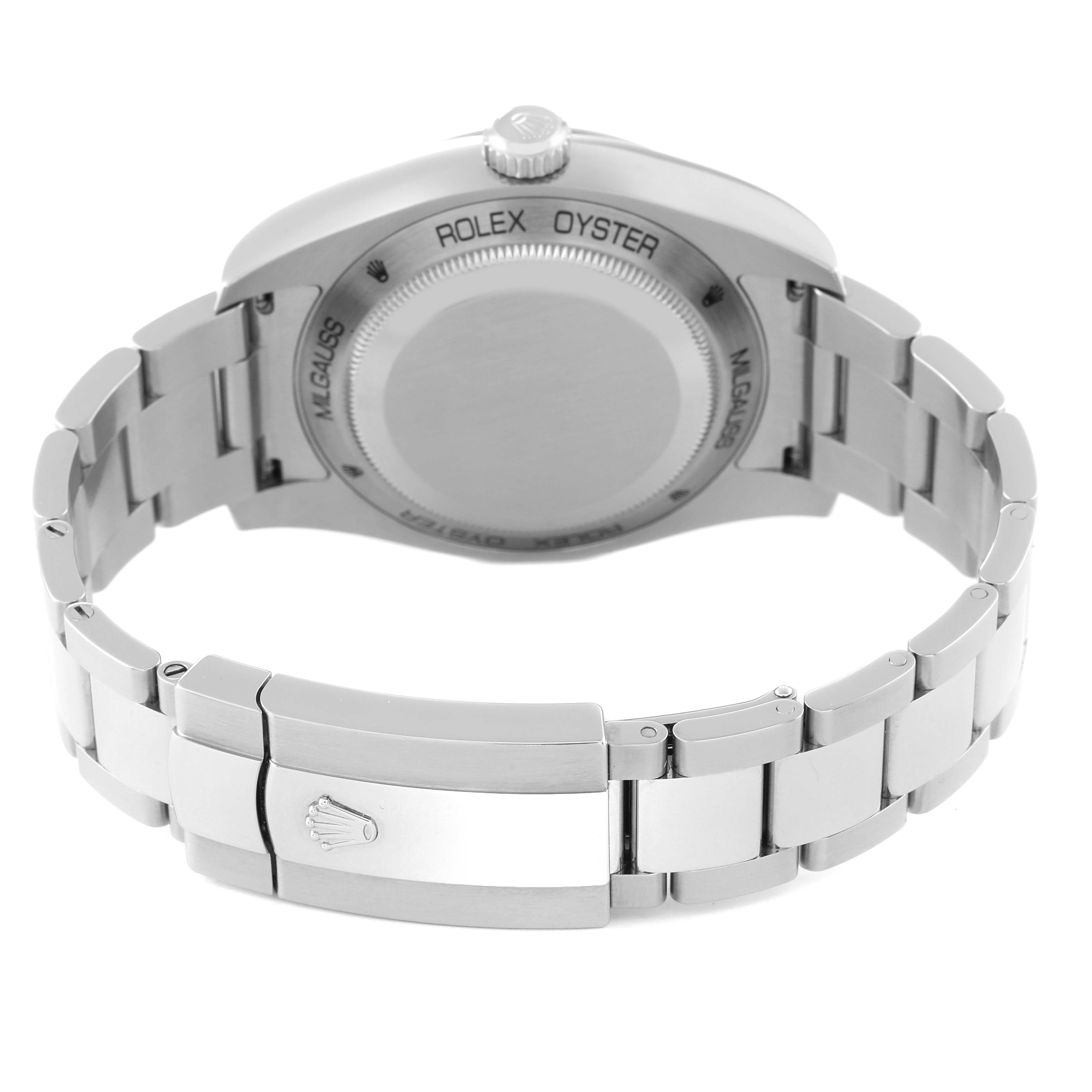 The image shows the back view of a Rolex Milgauss 116400GV Men's Stainless Steel Blue Dial 116400GV Men's Stainless Steel Blue Dial watch, highlighting its clasp, band, and case back.