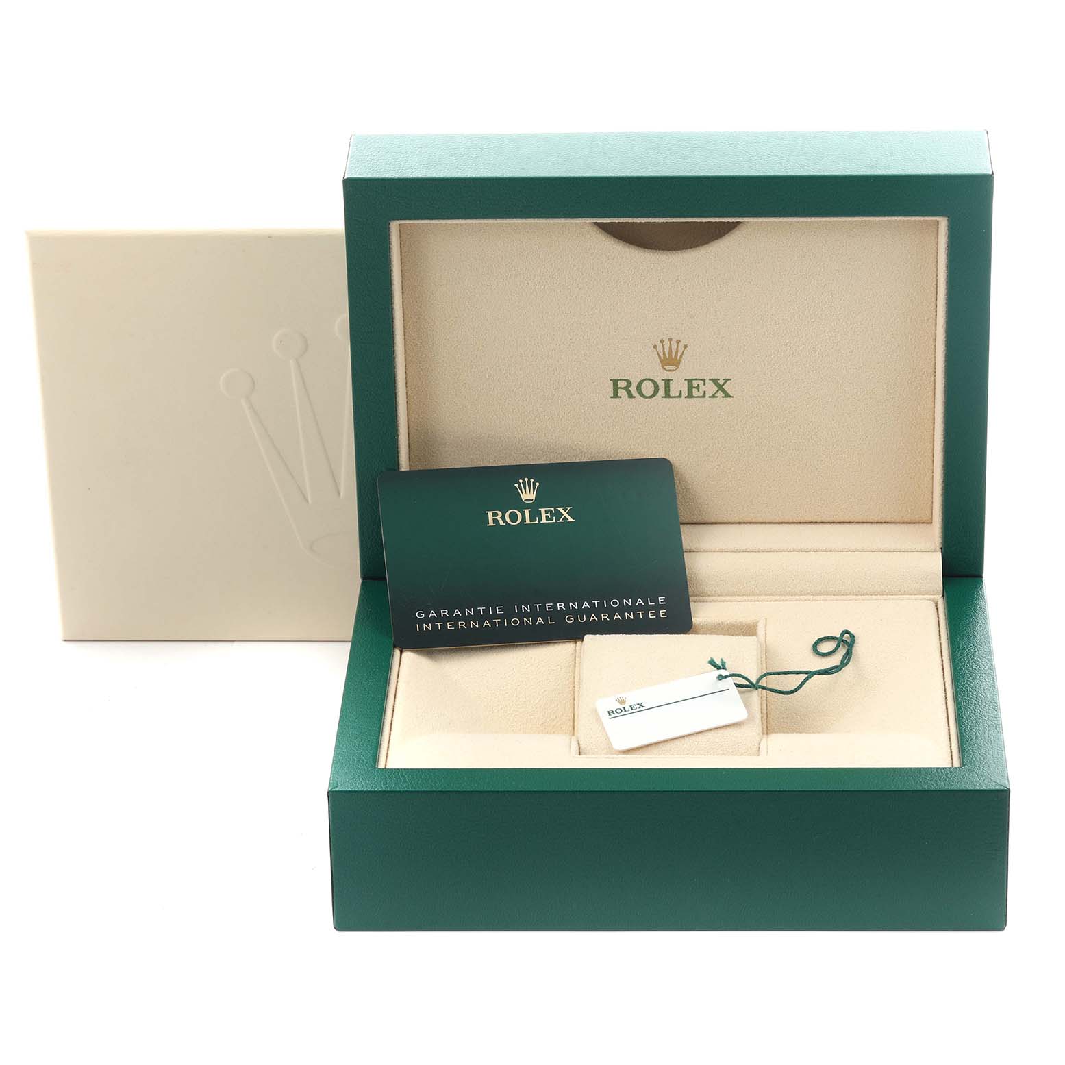 The image shows the open box of a Rolex Oyster Perpetual 124300 Men's Stainless Steel Silver Dial 124300 Men's Stainless Steel Silver Dial, including a guarantee card and tag, from a top-front angle.