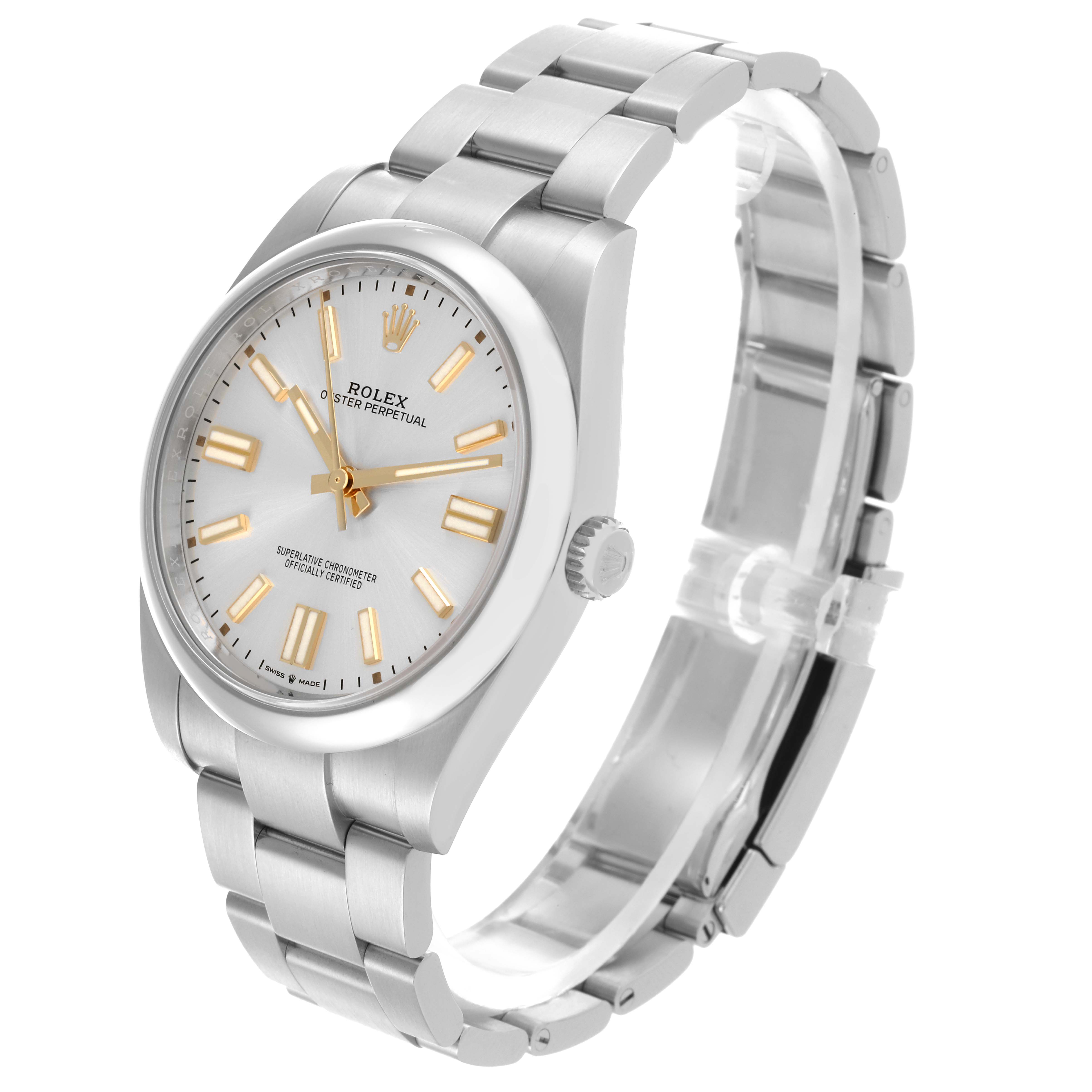 The Rolex Oyster Perpetual 124300 Men's Stainless Steel Silver Dial 124300 Men's Stainless Steel Silver Dial watch is shown at a slight angle displaying the face, bezel, crown, and part of the bracelet.