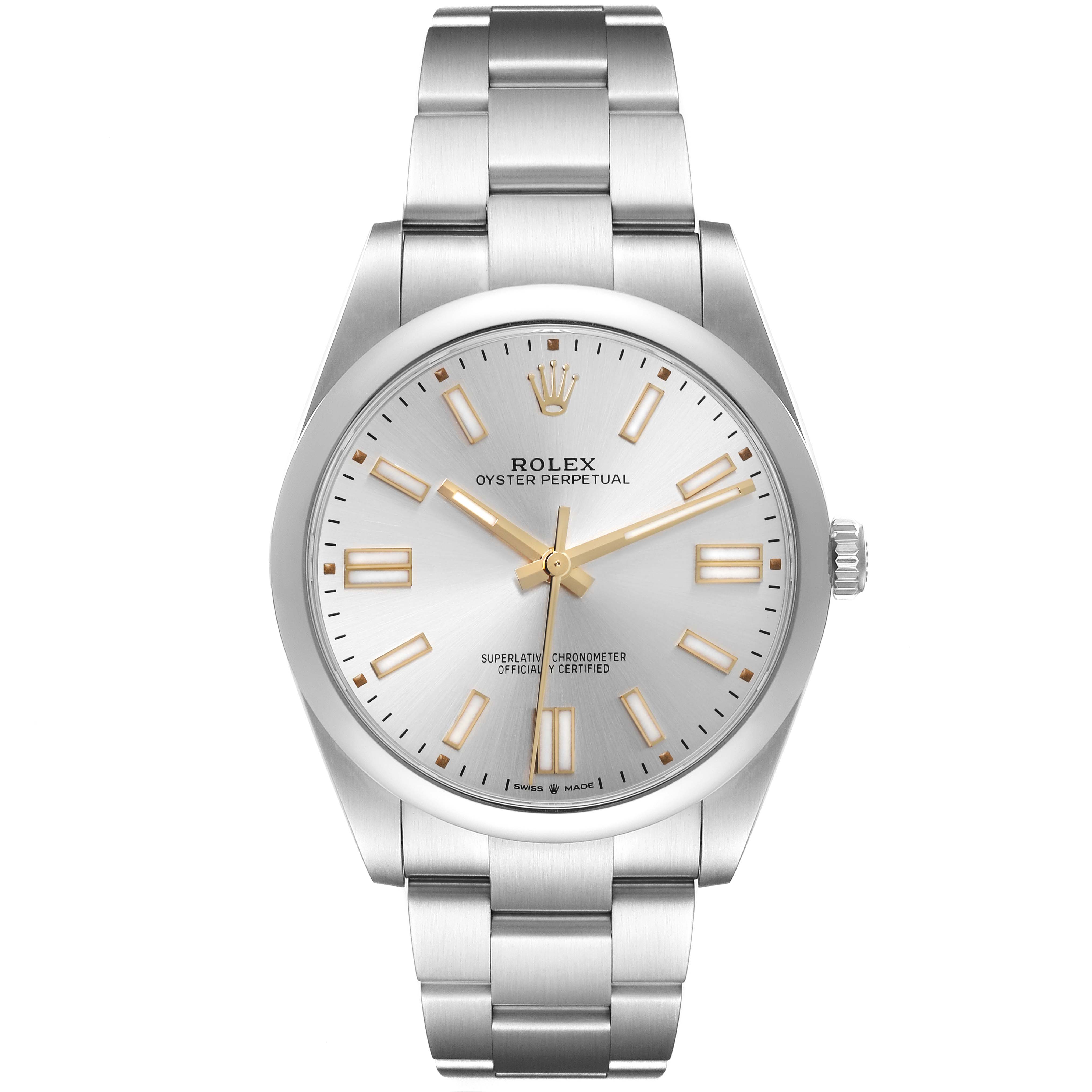 The Rolex Oyster Perpetual 124300 Men's Stainless Steel Silver Dial 124300 Men's Stainless Steel Silver Dial watch is shown from a front angle, displaying the dial, bezel, crown, and bracelet.