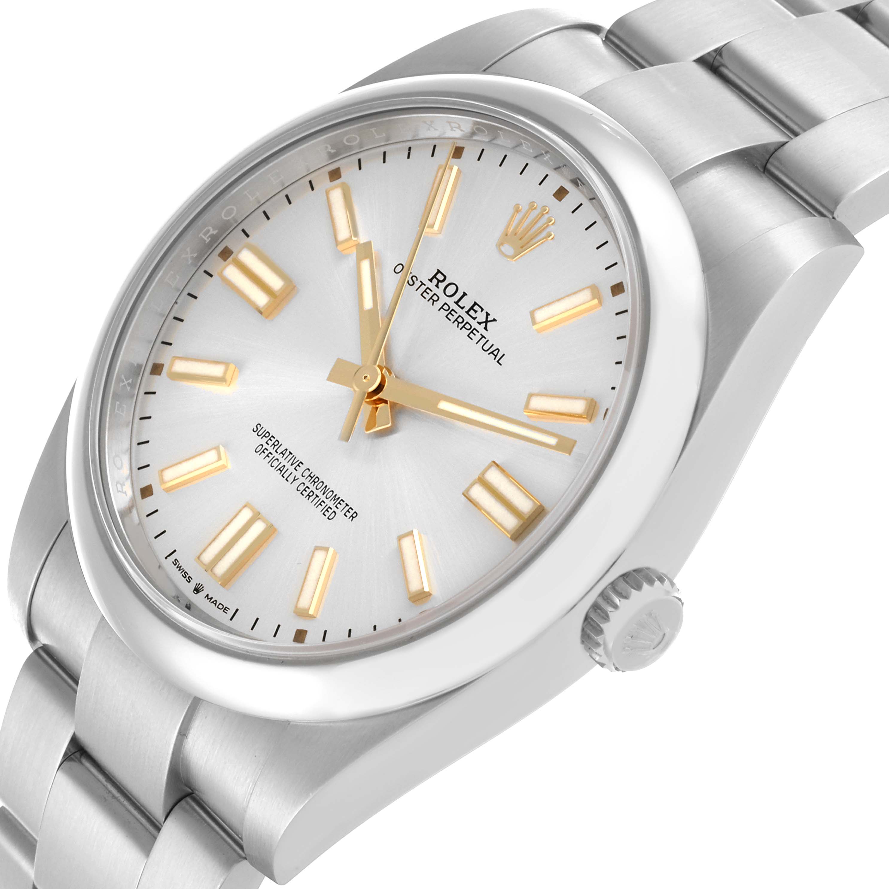 The Rolex Oyster Perpetual 124300 Men's Stainless Steel Silver Dial 124300 Men's Stainless Steel Silver Dial watch is shown in a three-quarter angle, highlighting the dial, bezel, and part of the bracelet.