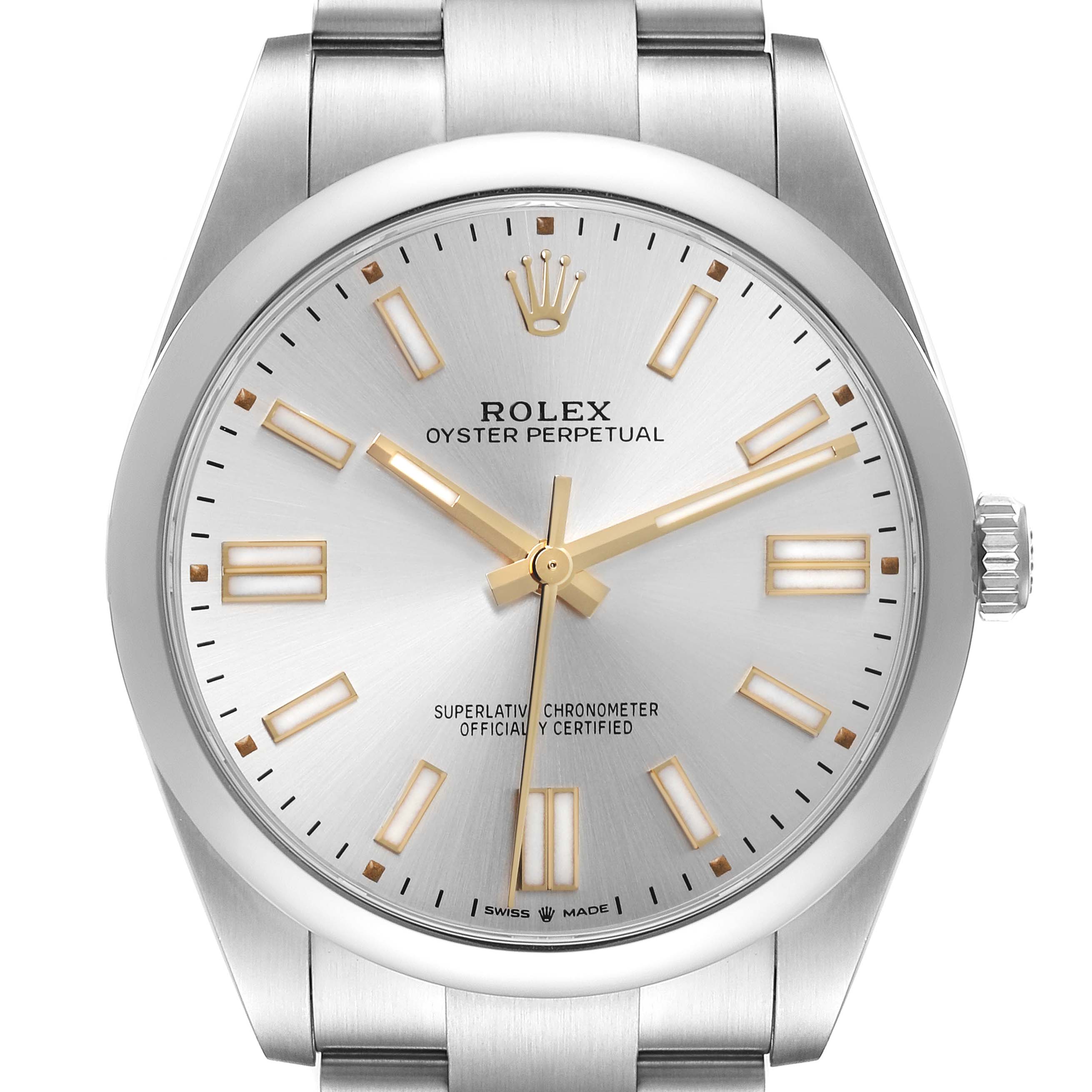 The Rolex Oyster Perpetual 124300 Men's Stainless Steel Silver Dial 124300 Men's Stainless Steel Silver Dial watch is shown from a front angle, displaying the face, hands, crown, and part of the bracelet.