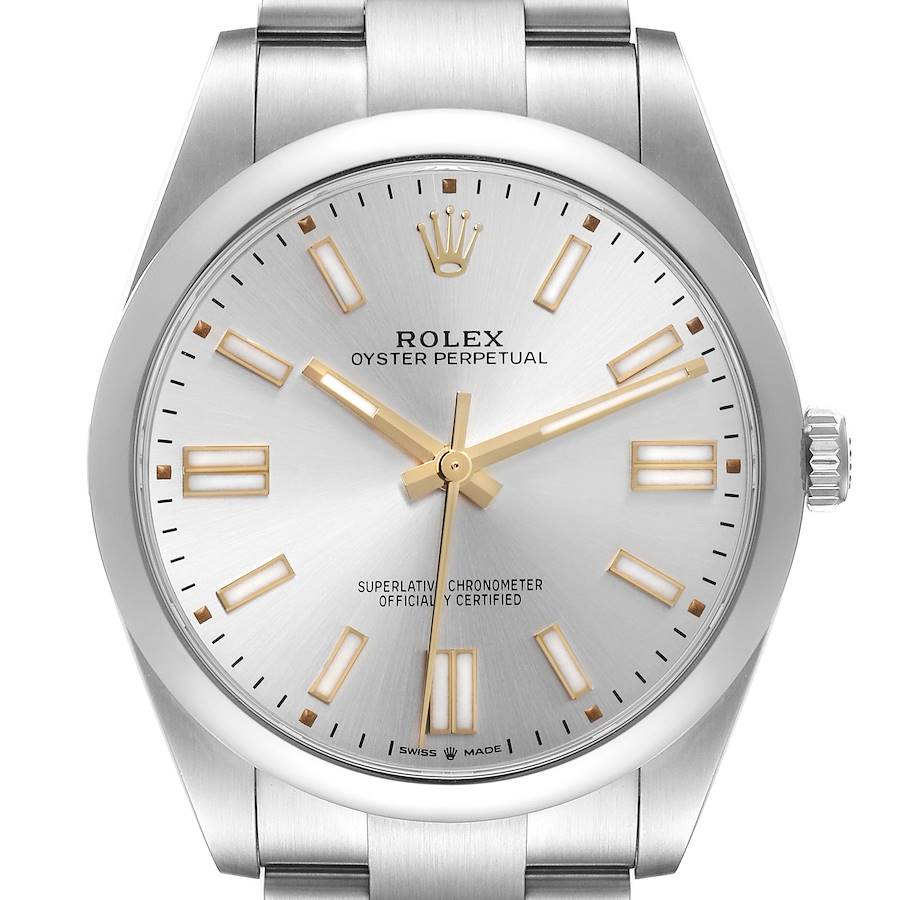 The Rolex Oyster Perpetual watch is shown from a front angle, displaying the face, hands, crown, and part of the bracelet.