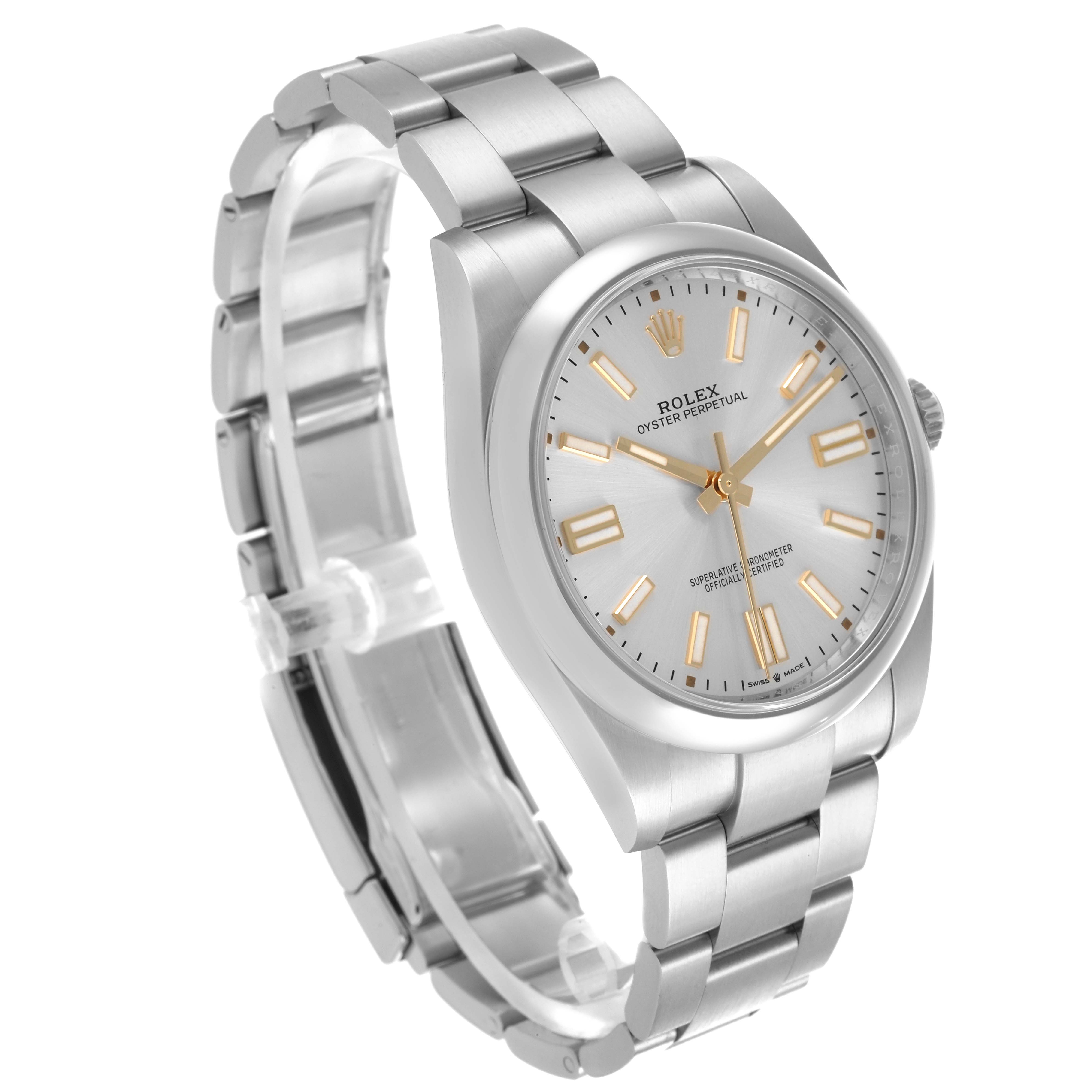 The Rolex Oyster Perpetual 124300 Men's Stainless Steel Silver Dial 124300 Men's Stainless Steel Silver Dial watch is shown at a three-quarter angle, displaying the face, bezel, and bracelet.
