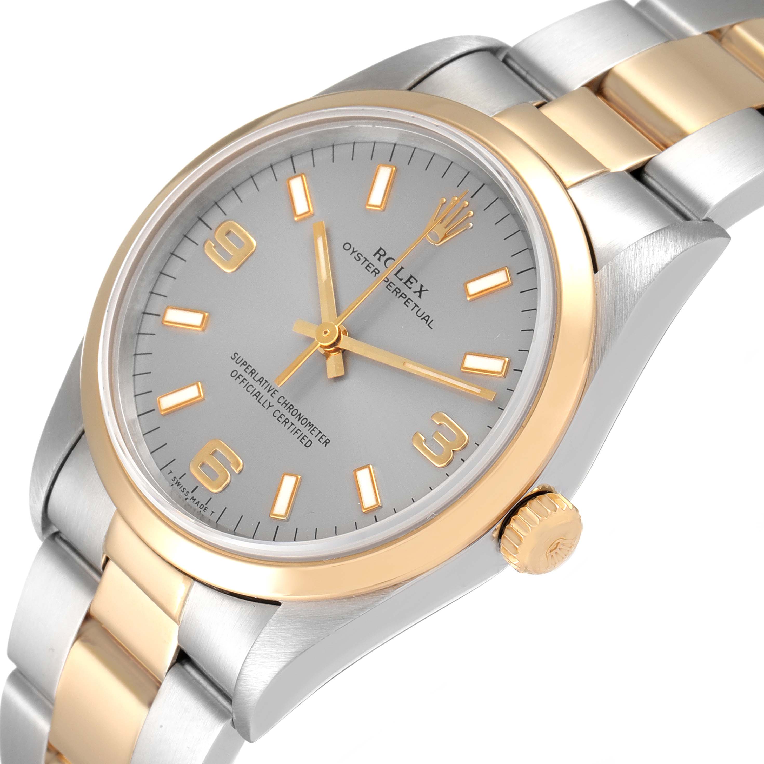 The image shows a close-up of the Rolex Oyster Perpetual 14203 Men
s Steel and Gold (two tone) Grey Dial 14203 Men
s Steel and Gold (two tone) Grey Dial watch, highlighting its dial, case, and part of the bracelet.
