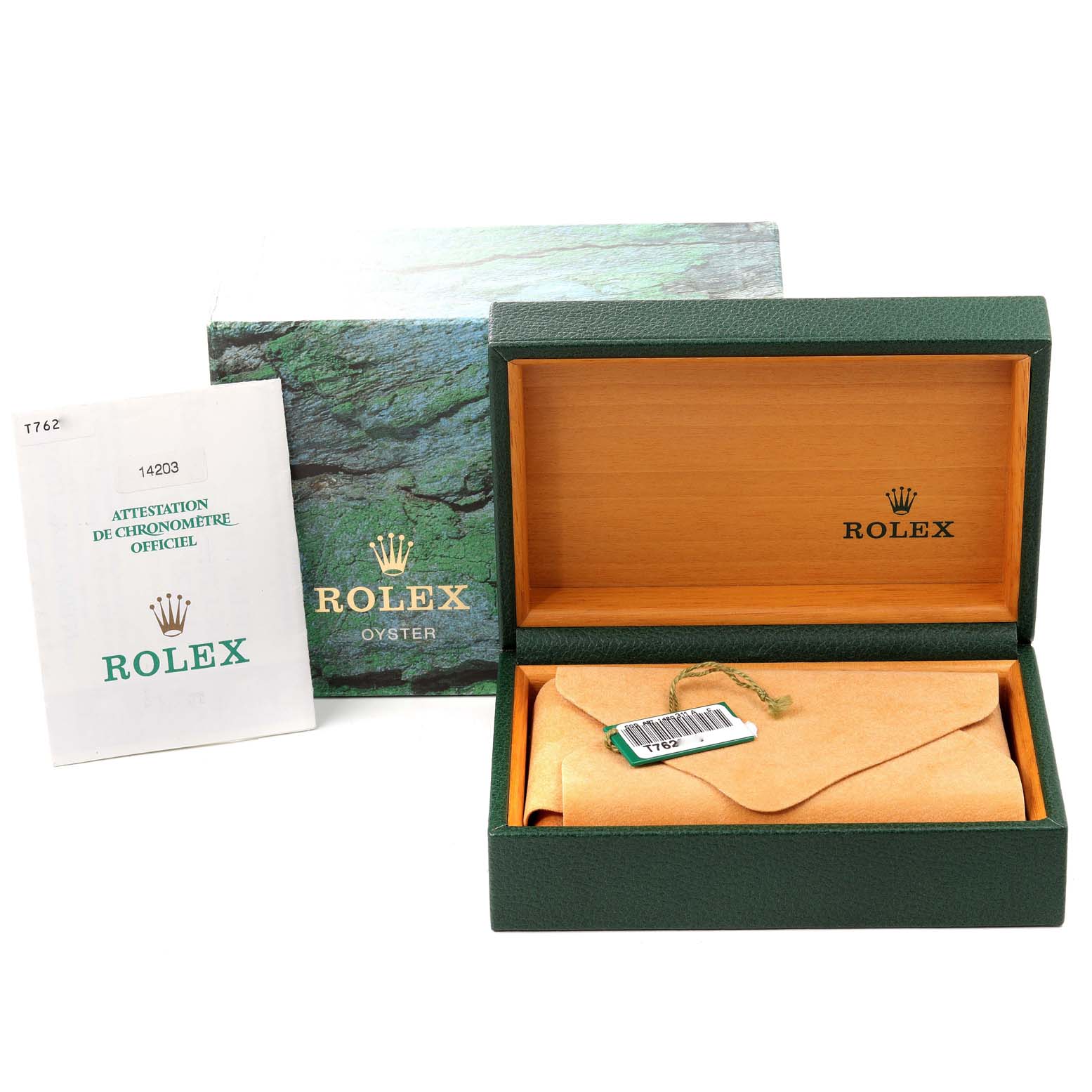 The image shows a Rolex Oyster Perpetual 14203 Men
s Steel and Gold (two tone) Grey Dial 14203 Men
s Steel and Gold (two tone) Grey Dial watch package including an open box, warranty card, and outer green box.