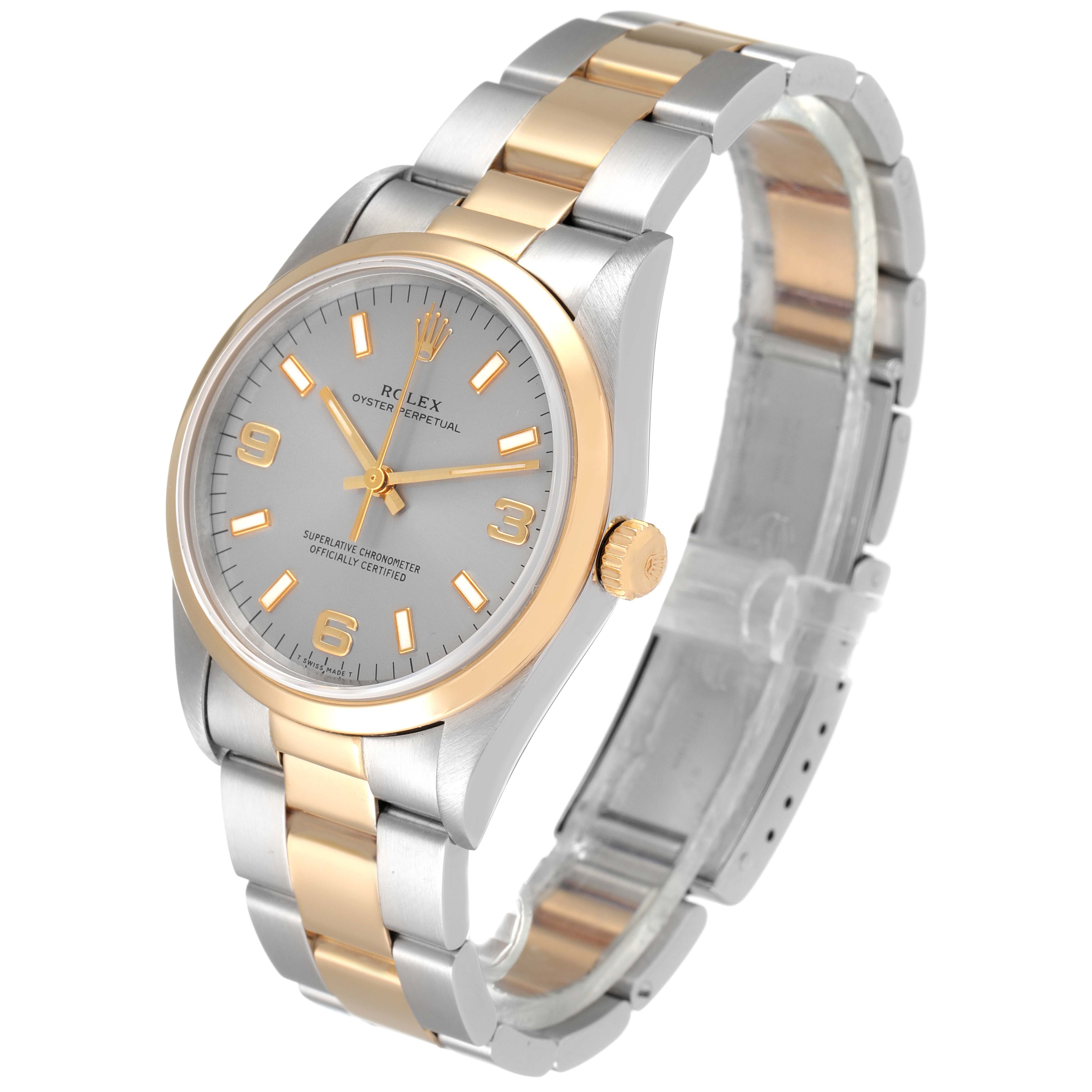 The image shows a Rolex Oyster Perpetual 14203 Men
s Steel and Gold (two tone) Grey Dial 14203 Men
s Steel and Gold (two tone) Grey Dial watch at a three-quarter angle, featuring the case, dial, crown, and two-tone bracelet.