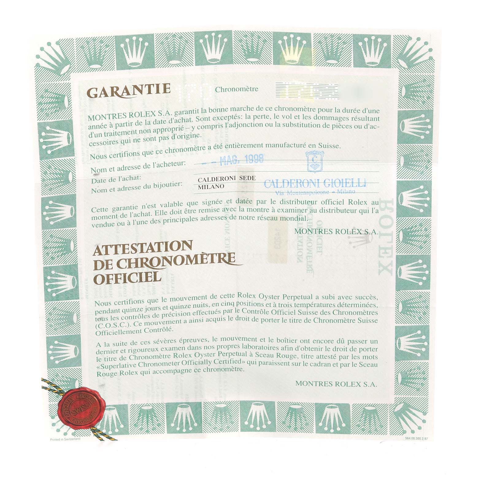 This image shows the warranty certificate for the Rolex Oyster Perpetual 14203 Men
s Steel and Gold (two tone) Grey Dial 14203 Men
s Steel and Gold (two tone) Grey Dial watch.