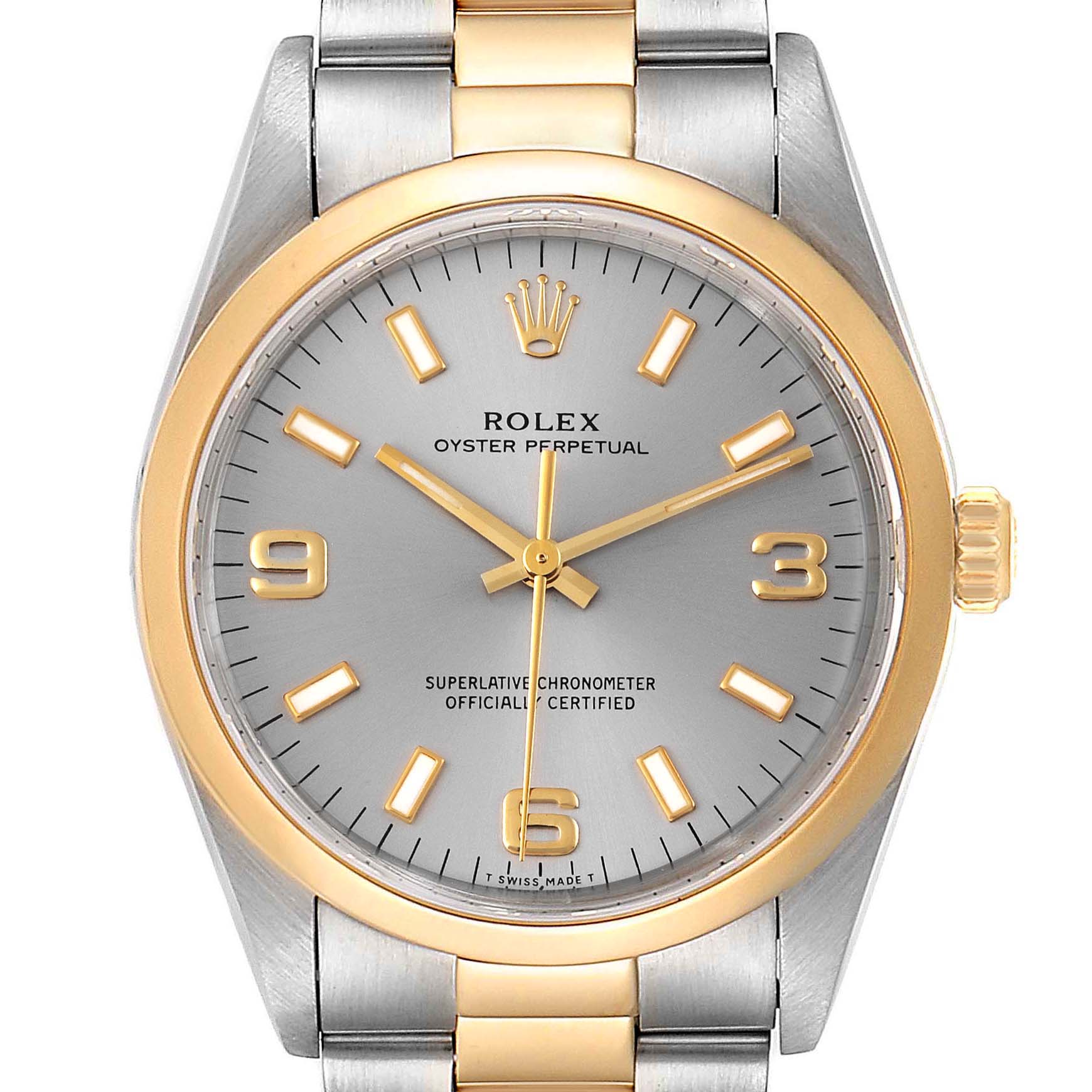 The image shows a front view of a Rolex Oyster Perpetual 14203 Men
s Steel and Gold (two tone) Grey Dial 14203 Men
s Steel and Gold (two tone) Grey Dial watch, highlighting the dial, bezel, and part of the bracelet.