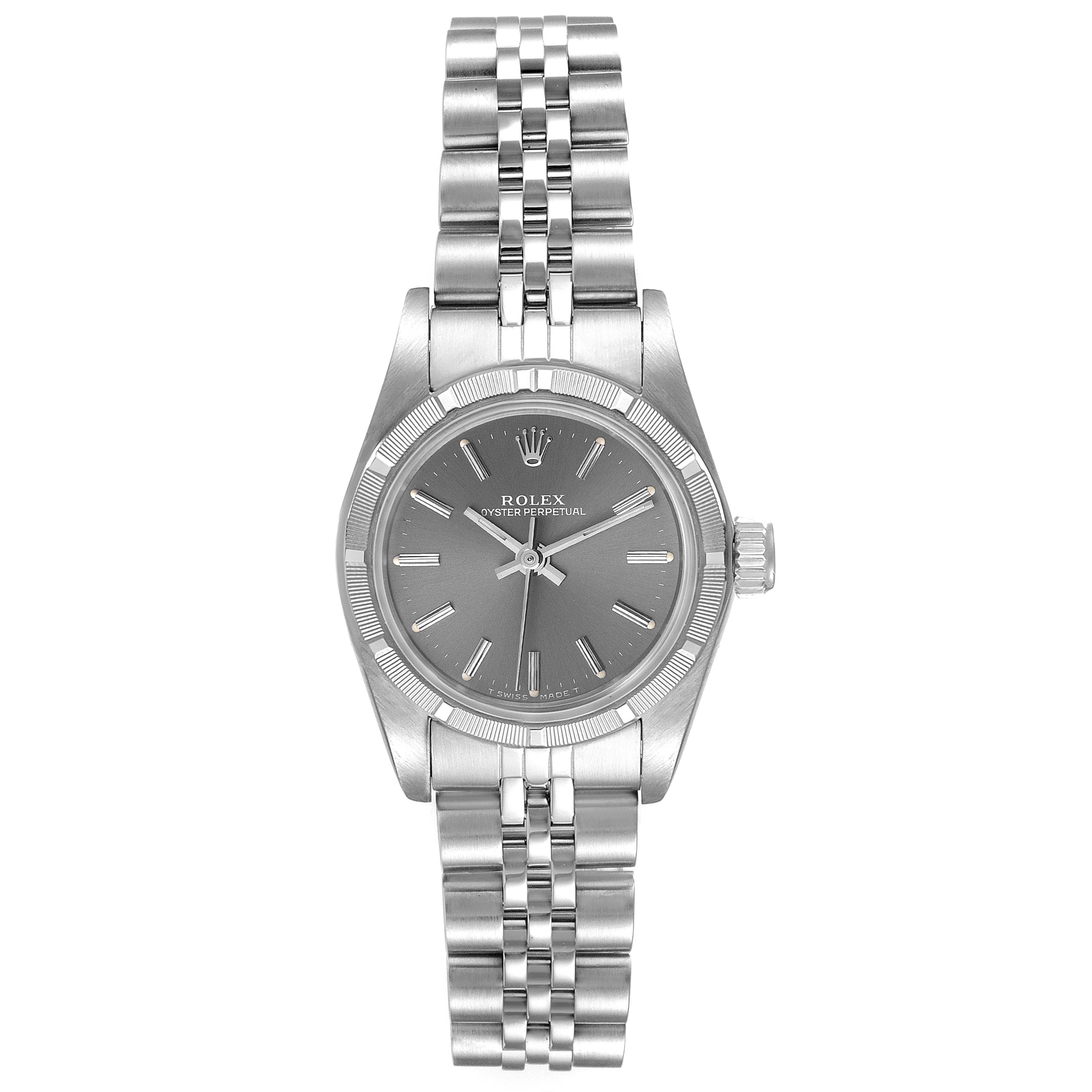 This image shows a front view of the Rolex Oyster Perpetual 67230 Women's Stainless Steel Grey Dial 67230 Women's Stainless Steel Grey Dial watch, including its face and bracelet.
