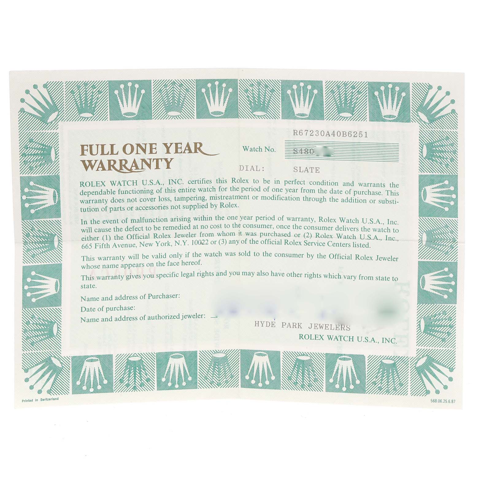 The image shows a full-view warranty certificate for a Rolex Oyster Perpetual 67230 Women's Stainless Steel Grey Dial 67230 Women's Stainless Steel Grey Dial watch.