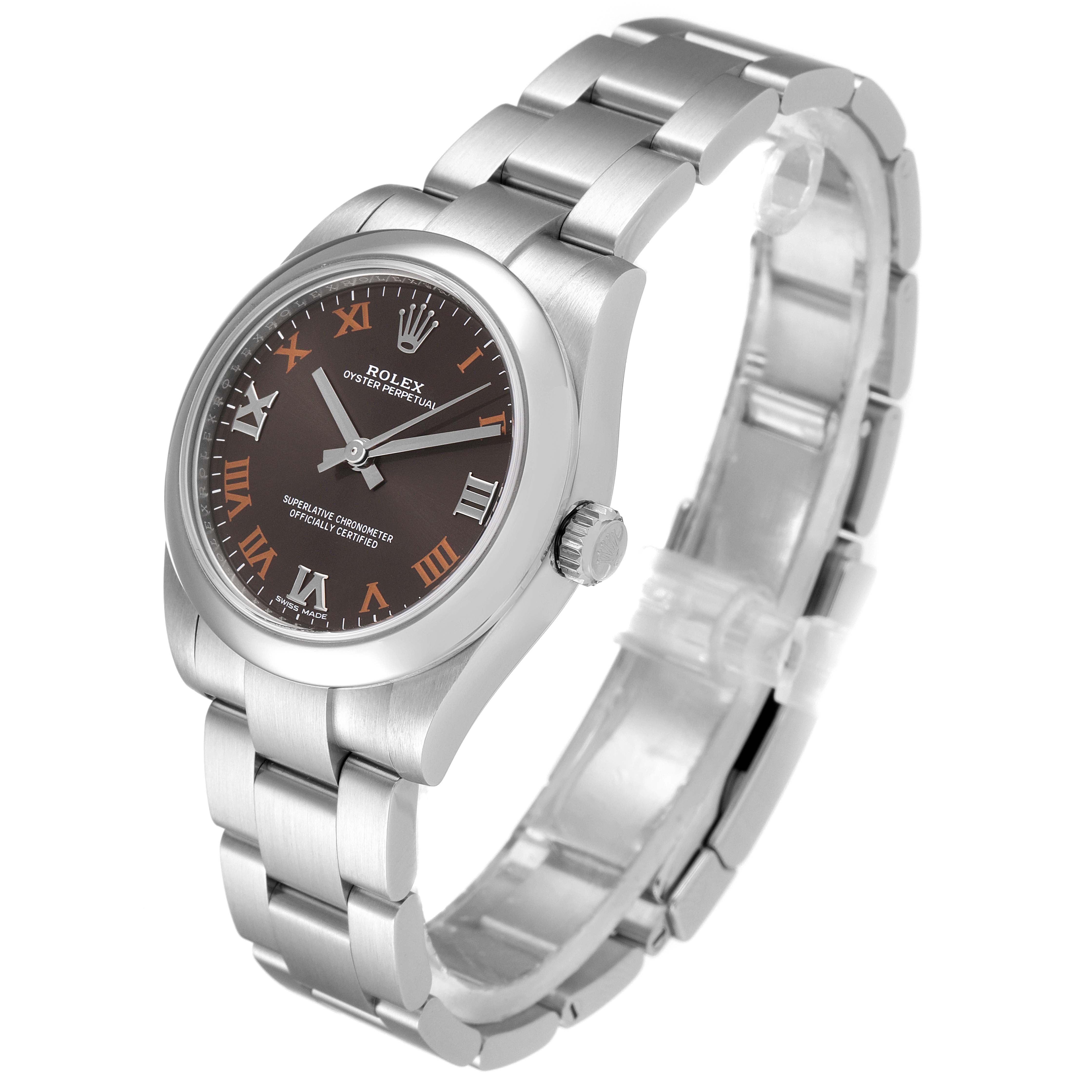 The Rolex Mid-Size 177200 Women's Stainless Steel Grey Dial 177200 Women's Stainless Steel Grey Dial watch is displayed at an angle showcasing its face, crown, and bracelet.