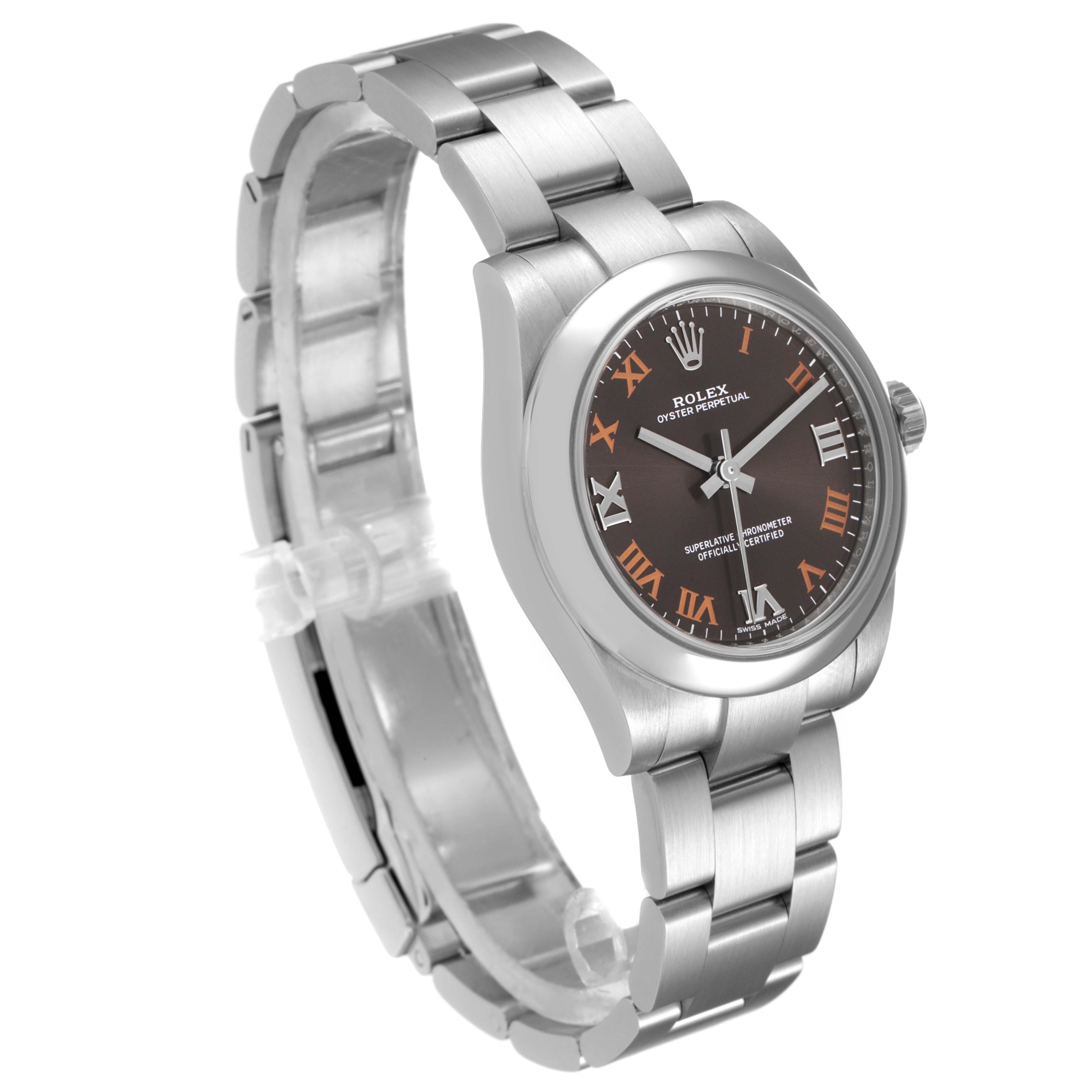 The image shows a side view of a Rolex Mid-Size 177200 Women's Stainless Steel Grey Dial 177200 Women's Stainless Steel Grey Dial Oyster Perpetual watch, highlighting the bracelet and dial.